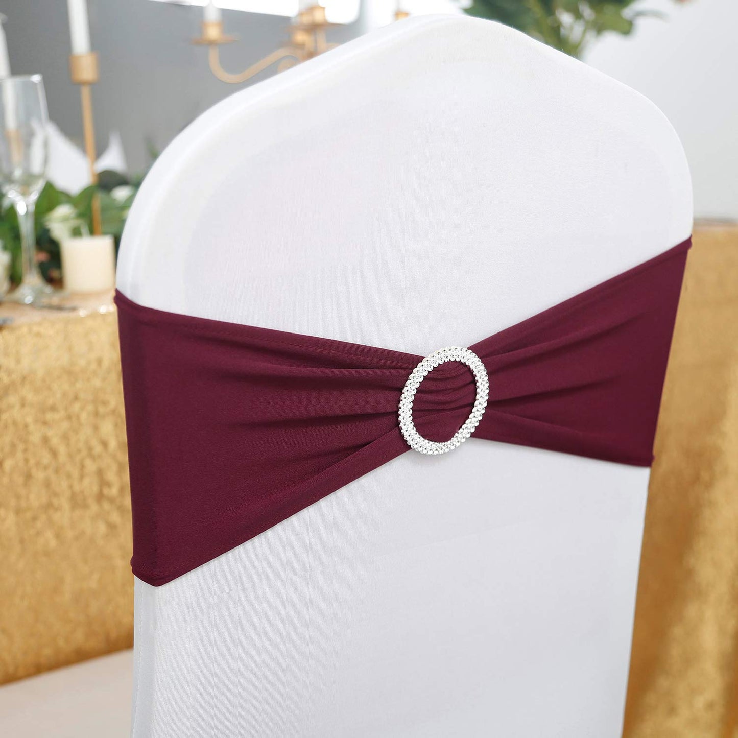 Peomeise 100pcs Burgundy Spandex Chair Sashes with Buckle Slider for Wedding, Party Decoration
