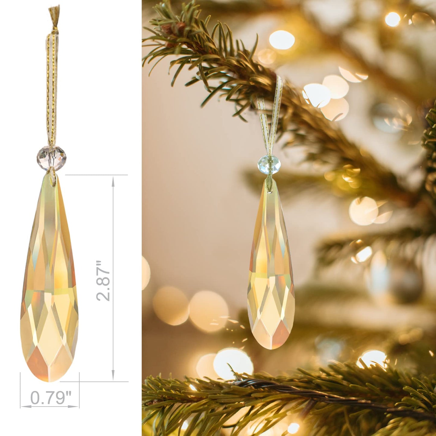 Crystal Glass Christmas Ornaments, 6Pcs Teardrop Prism Hanging Crystals for Christmas Tree,Centerpieces,Wedding,Party Decor (Gold)