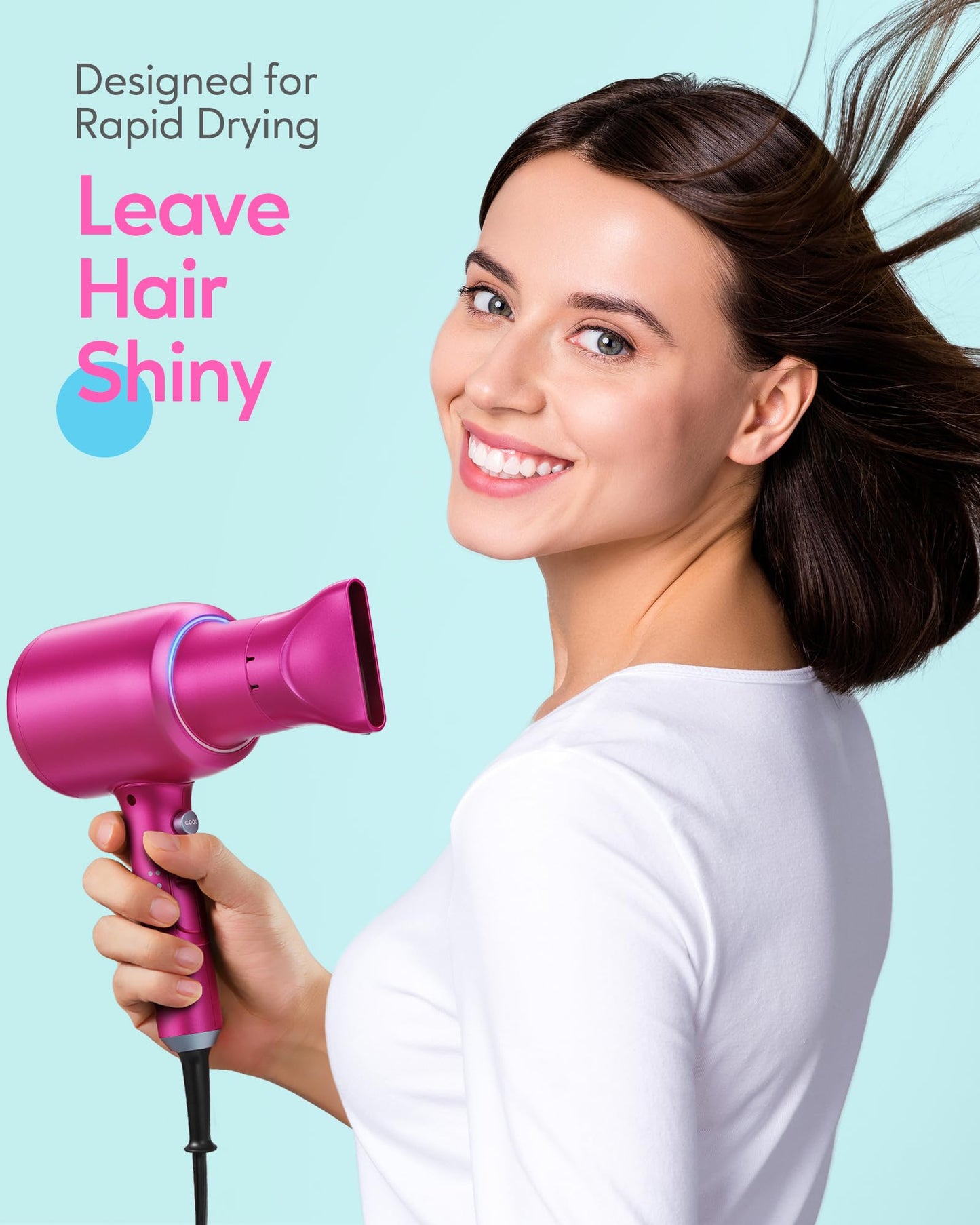 Wavytalk Hair Dryer with Diffuser, Blown Away Ionic Hair Dryer for Curly Hair, 1875W Fast Drying Blow Dryer with Ceramic Technology, 3 Attachments for All Hair Types, Light and Quiet, Hot Pink