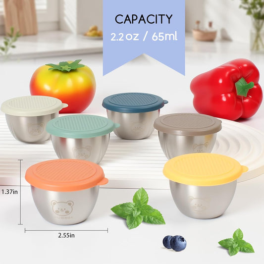 6x2.2oz Salad Dressing Containers With 6-Color Lids, Small Condiment Containers with Leakproof Silicone Lids, Reusable Stainless Steel Sauce Cups,For Lunch Boxes,Picnics,Meal Prep and Storage