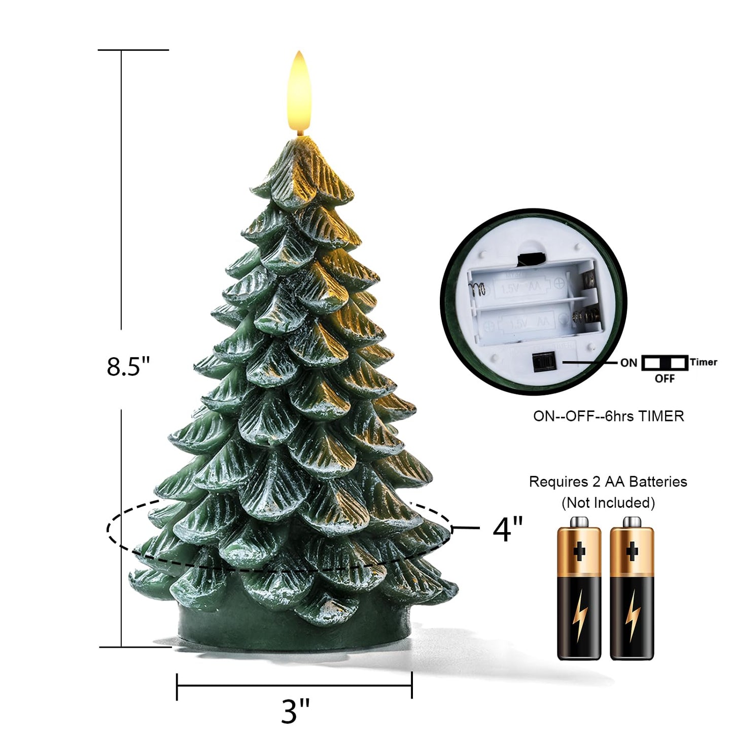 Homemory Christmas Tree Candles with 6 Hours Timer, 2 Pcs Waxy LED Flameless Candles Flickering, Green Electric Candles Battery Operated for New Year Celebration Holiday Decorations 8.5 Inches