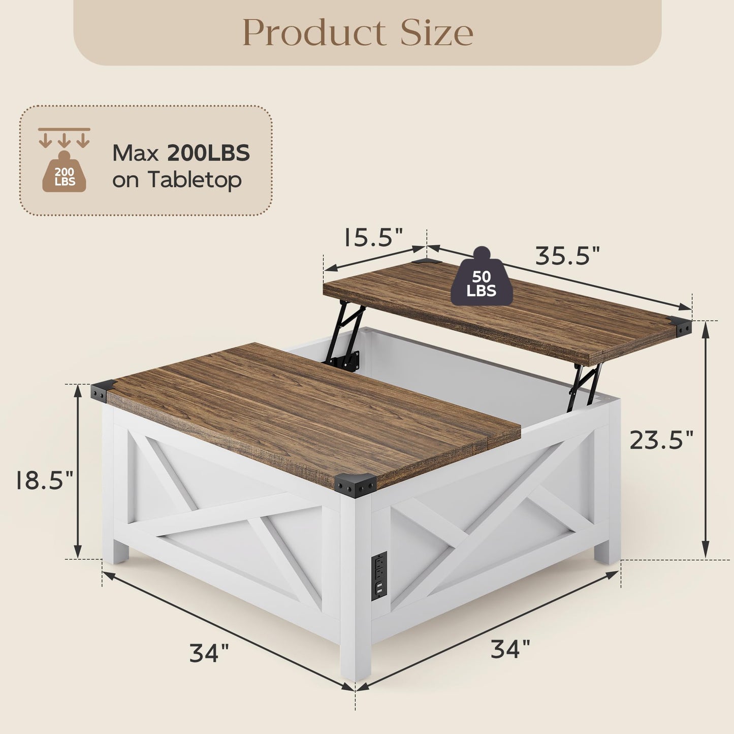 MU Lift Top Coffee Table, Square Coffee Table with Hidden Storage, Farmhouse Wood Table with Charging Station and Barn Door for Living Room, White