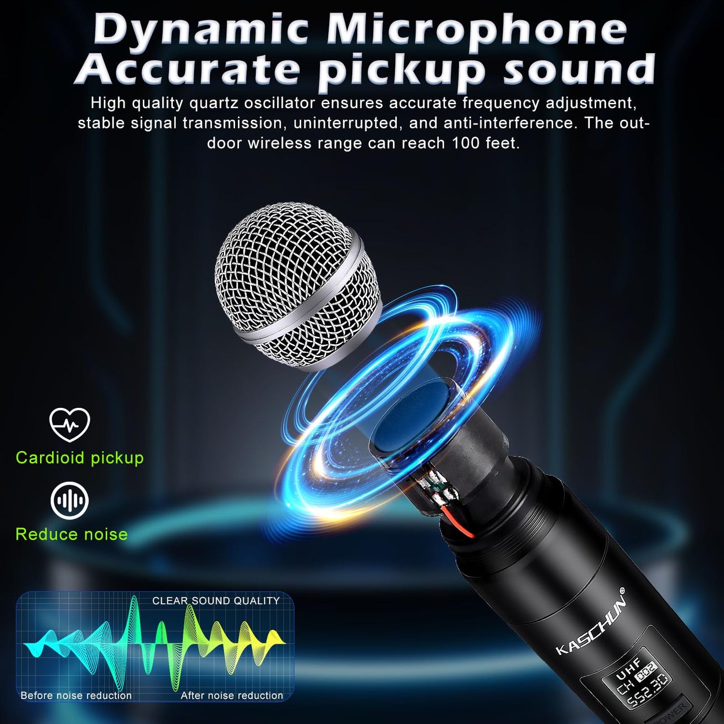 Kaschun Wireless Microphone, Professional Cordless Dynamic Wireless Microphone System, Microfono Inalambrico Professional,100ft Range, Suitable for DJ, Church, Karaoke, Home and KTV (KA-328)