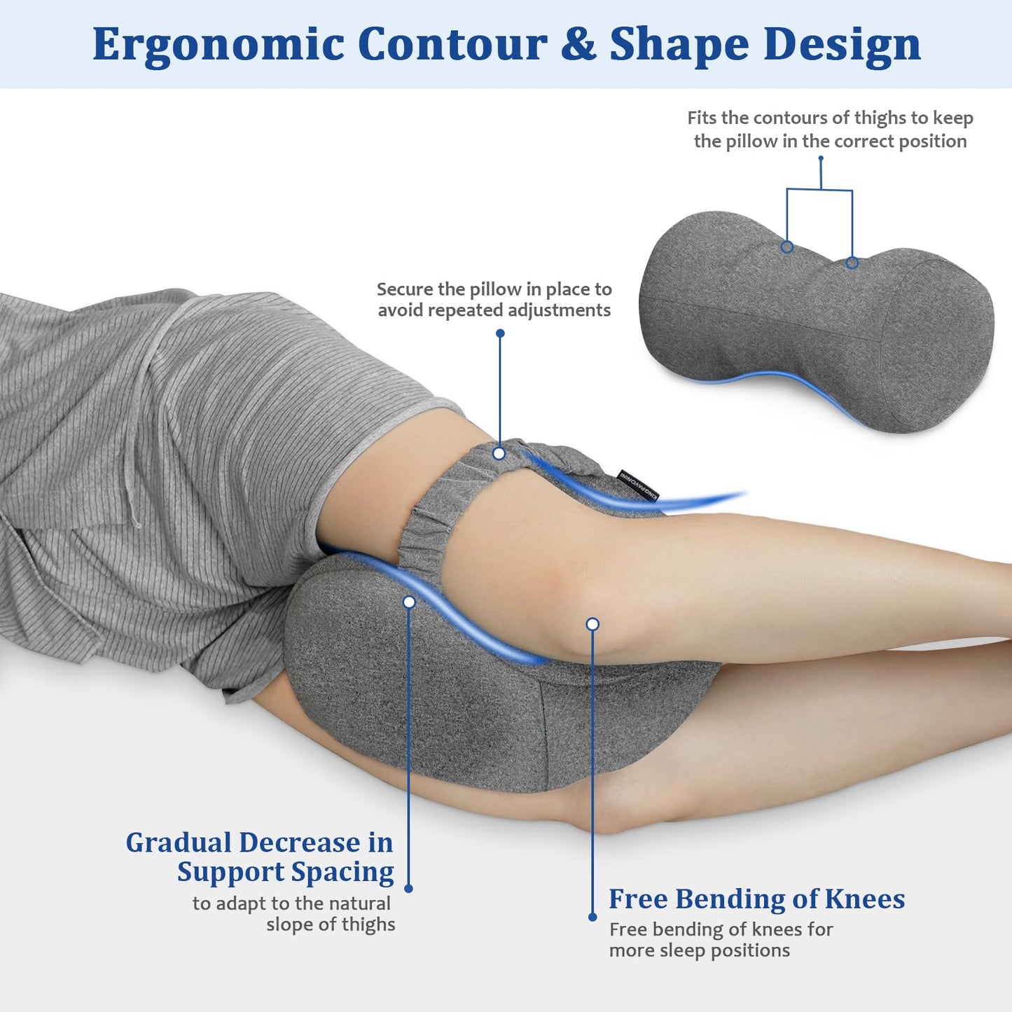 KingPavonini Cooling Knee Pillow for Side Sleepers Hip Pain, Memory Foam Leg Pillow for Side Sleeping with Strap, Ergonomic Hip Pillow for Spine Aligning, Back/Knee Pain, Sciatica, Pregnancy