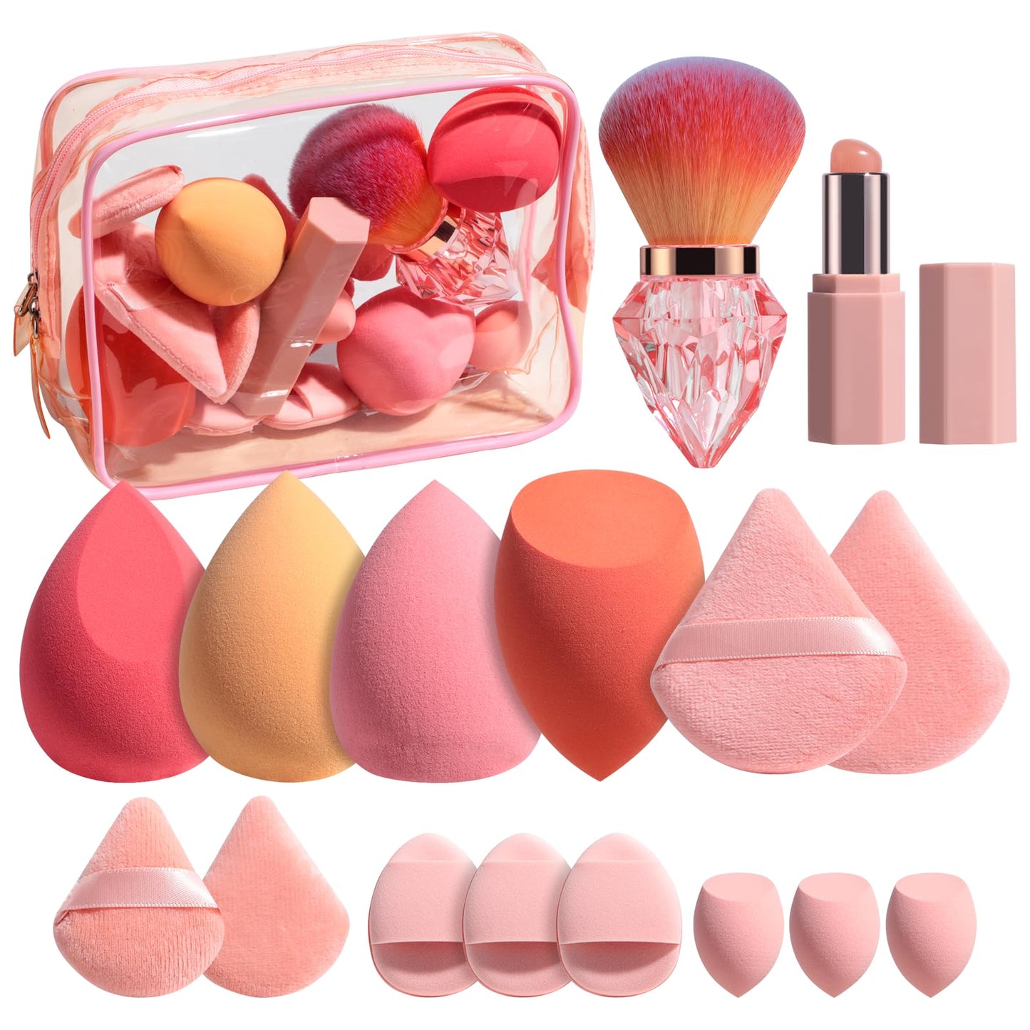 BS-MALL 14 Pcs Portable Makeup Sponge Set With Diamond-shaped Kabuki Powder Brush - Multi-functional Beauty Blender Sponge, Triangle Puff For Liquid, Cream, And Powder In A Clear Travel Case