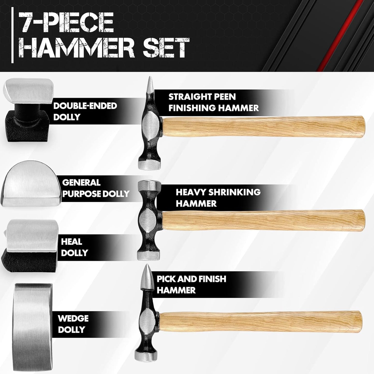 C&T Auto Body Repair Tool Kit,7 Piece,Car Body Repair Tool Kit, Carbon Steel Dolly and Hammer Dent Body Fender Tool Set