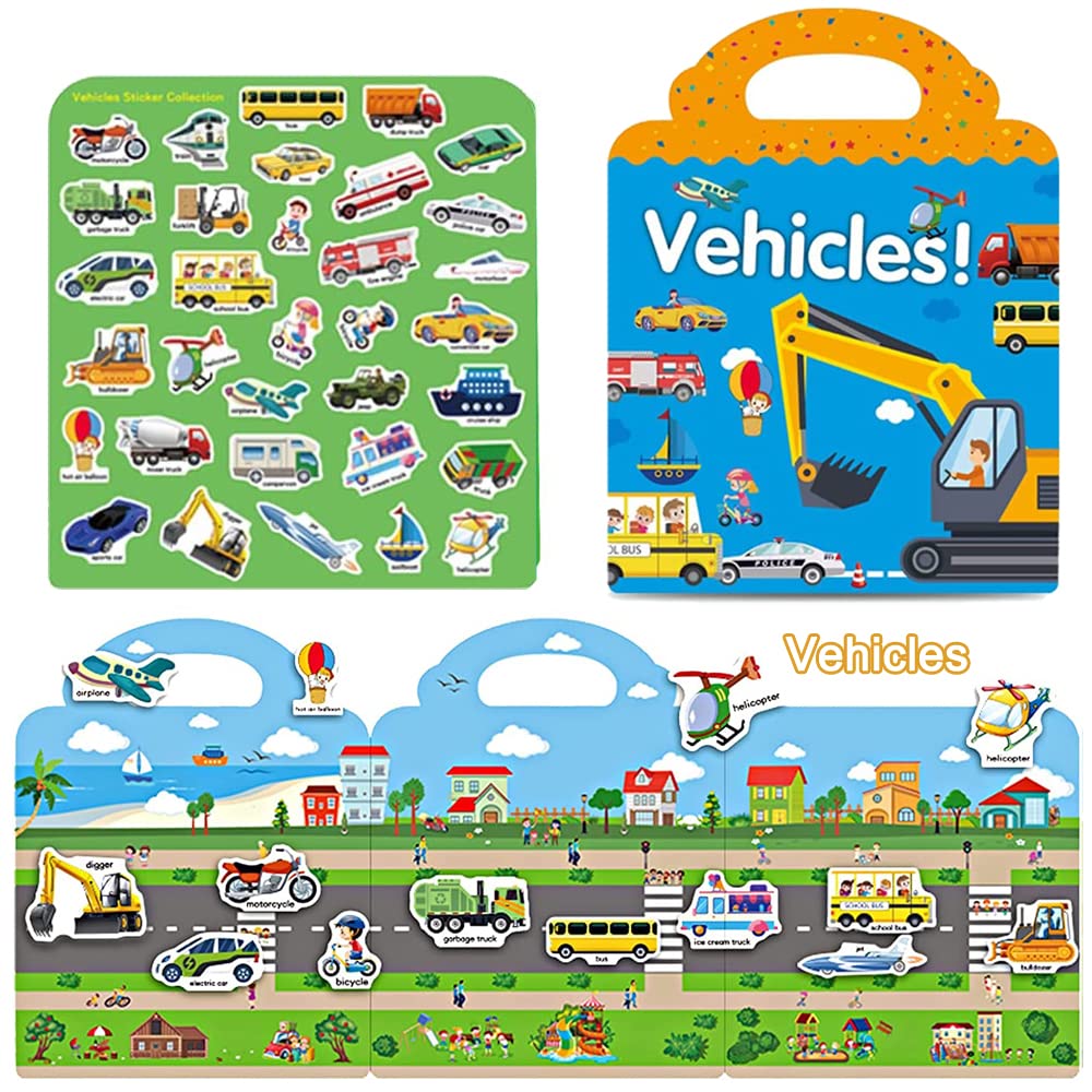 Reusable Sticker Books for Kids, 4 Sets Removable Toddler Sticker Book for Girls Boys Educational Learning Toys - Vehicle, Farm, Dinosaur & Zoo Animal