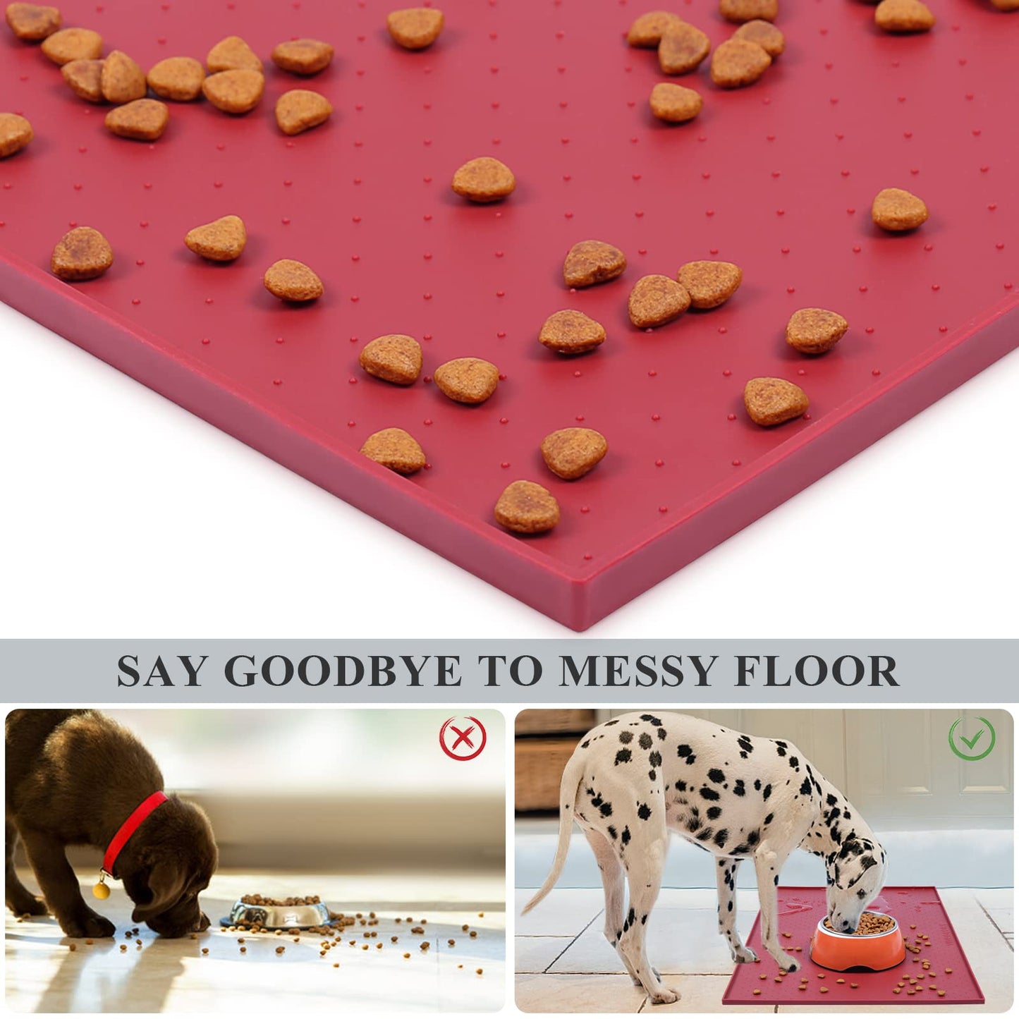 VIVAGLORY Dog Food Mat, Cat Dog Feeding Mat, Waterproof Non-Slip Food Grade Silicone Mat Placemat with Raised Edge, Anti-Messy Pet Bowl Mat for Food and Water, Burgundy, S(19"x12")