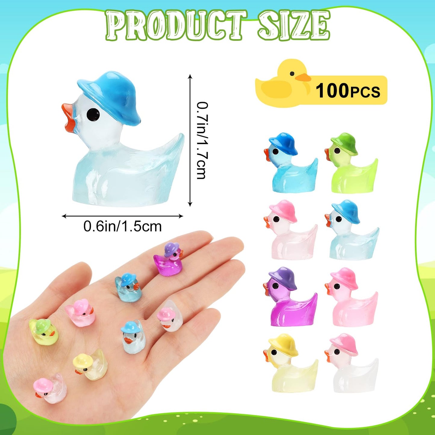 VICROIC 100 PCS Luminous Mini Resin Ducks, Tiny Miniature Duck Figures Wearing Hat Glow in The Dark for Dollhouse, Garden, Micro Landscape, Home Outdoor Party, Aquarium Decor