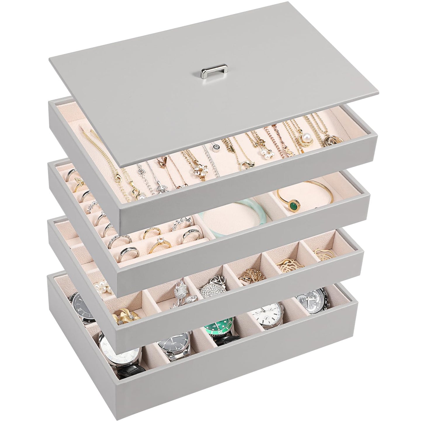 Voova Stackable Jewelry Organizer Tray with Lid, PU Leather Jewelry Storage Holder for Drawer Inserts, Jewellery Display Box Case for Earring Necklace Ring Watch Bracelet (Set of 4, Grey)