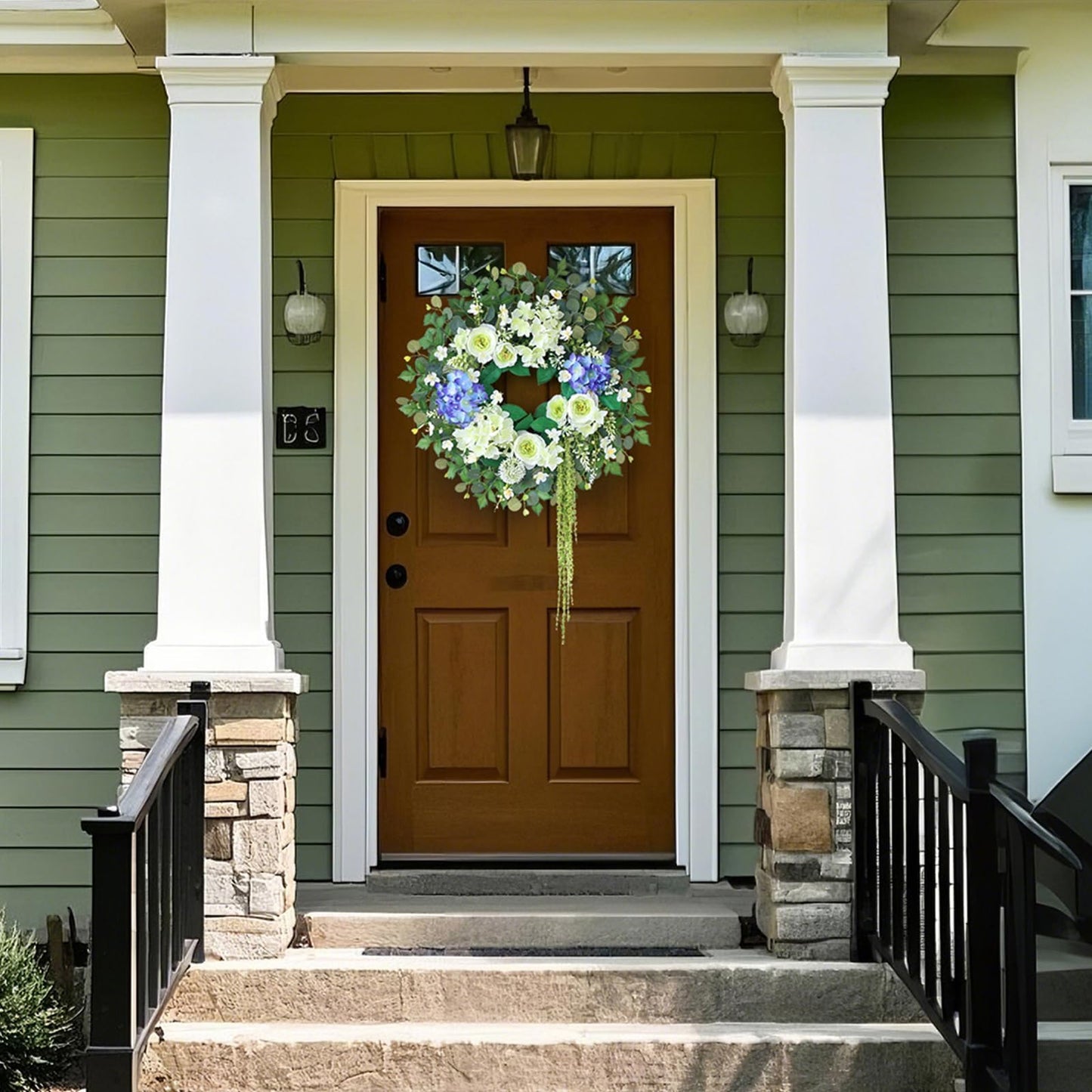 26" Hydrangea & Eucalyptus Wreath for Front Door, Porch, Window - Large Artificial Silk Flowers Outdoor Wreath for Home, Farmhouse, Wedding Decor - Spring, Summer, All Seasons (White&Purple)