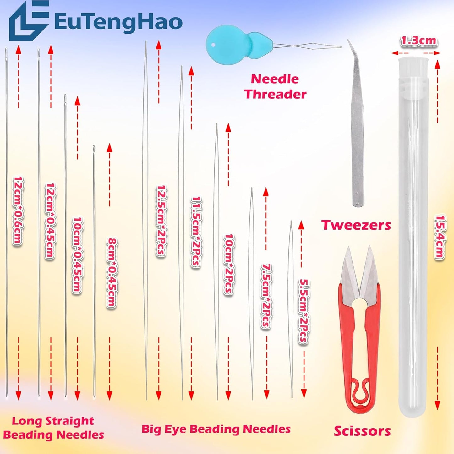 EuTengHao 19Pcs Big Eye Beading Needles Long Straight Beading Thread Needles Embroidery Needles Scissors Tweezers with Needle Bottle for Beading Bracelet Necklace Jewelry Making Supplies DIY Craft