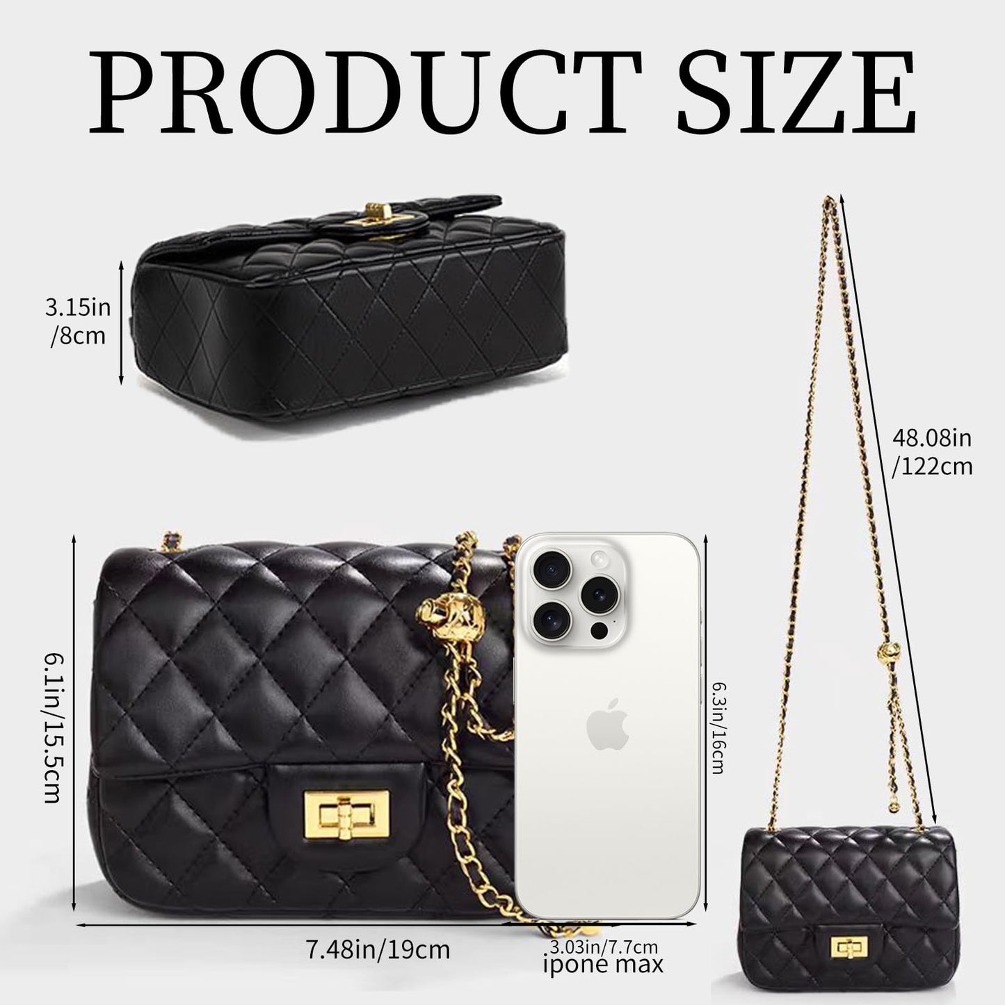 DOTBABY Diamond Chain Shoulder Crossbody Bag, Fashionable Women's Leather Tote Handbag, Adjustable Straps,Buckle Opening Bag (Black)