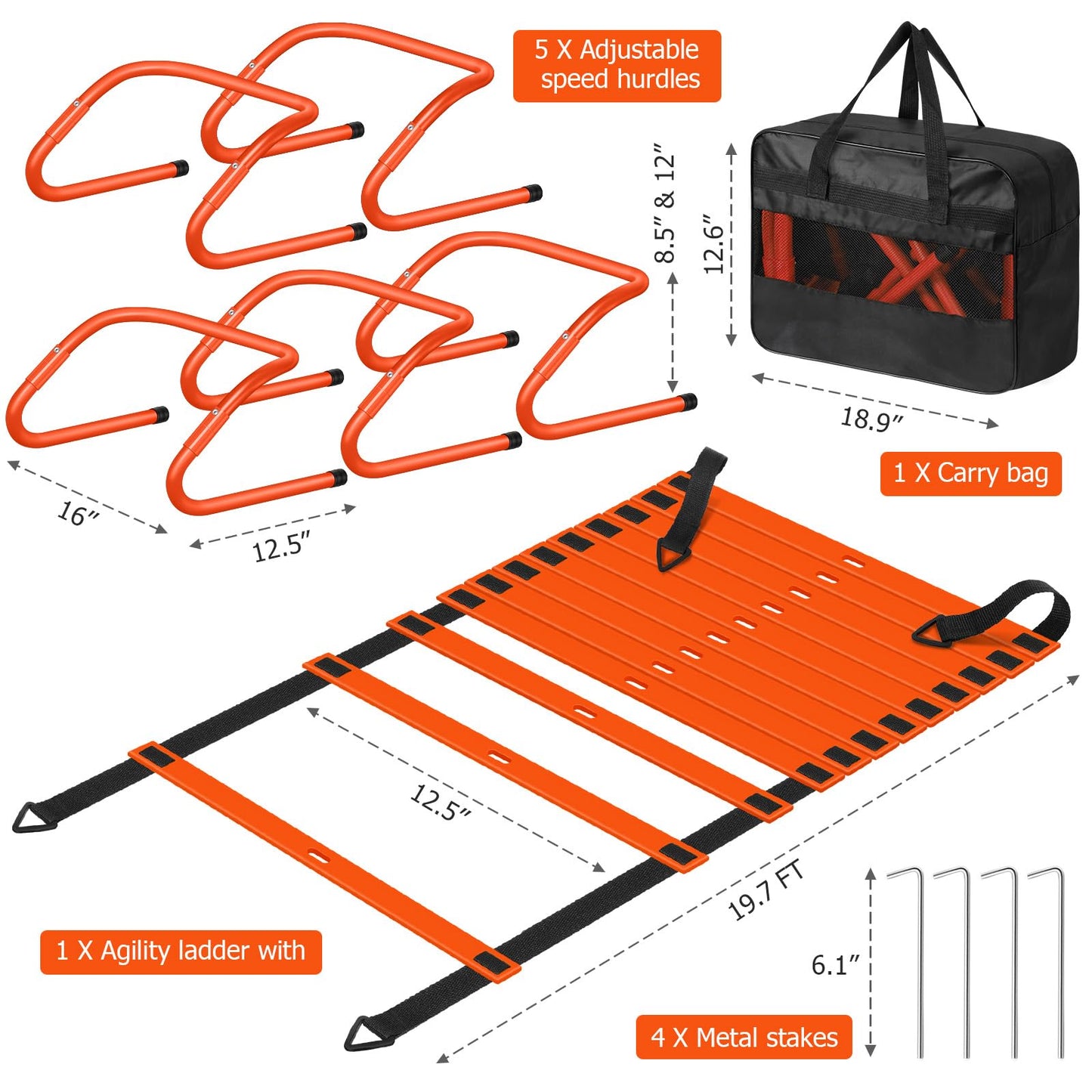 Speed and Agility Training Equipment: 5 Adjustable Agility Hurdles. 20ft Agility Ladder, Soccer Training Equipment Set for Youth Adults