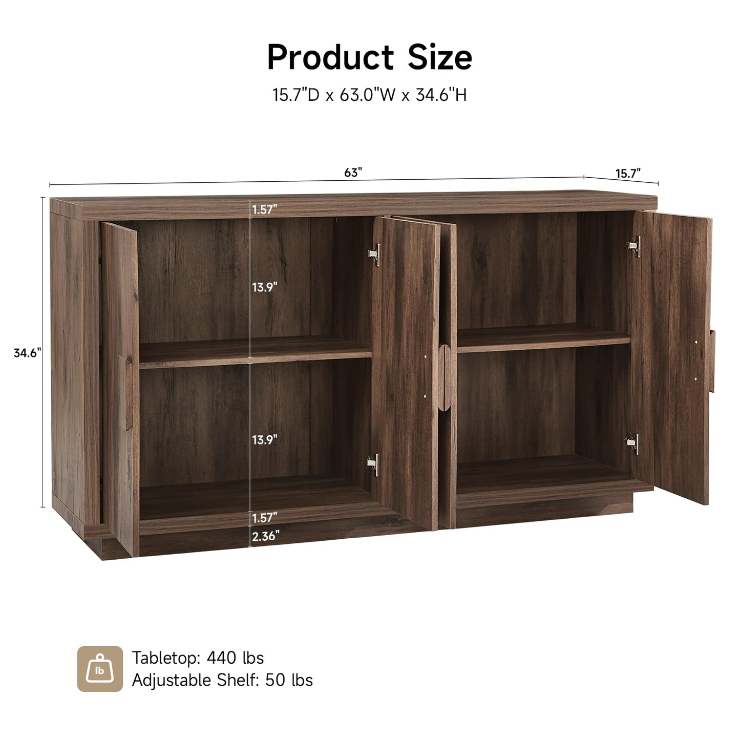 Lefurture 63 Inch Long Buffet Cabinet with Storage, Farmhouse Woodgrain Sideboard Modern Credenza with Doors & Shelves, Mid Century Coffee Bar Wine Bar Storage Cabinet for Living Room, Hallway