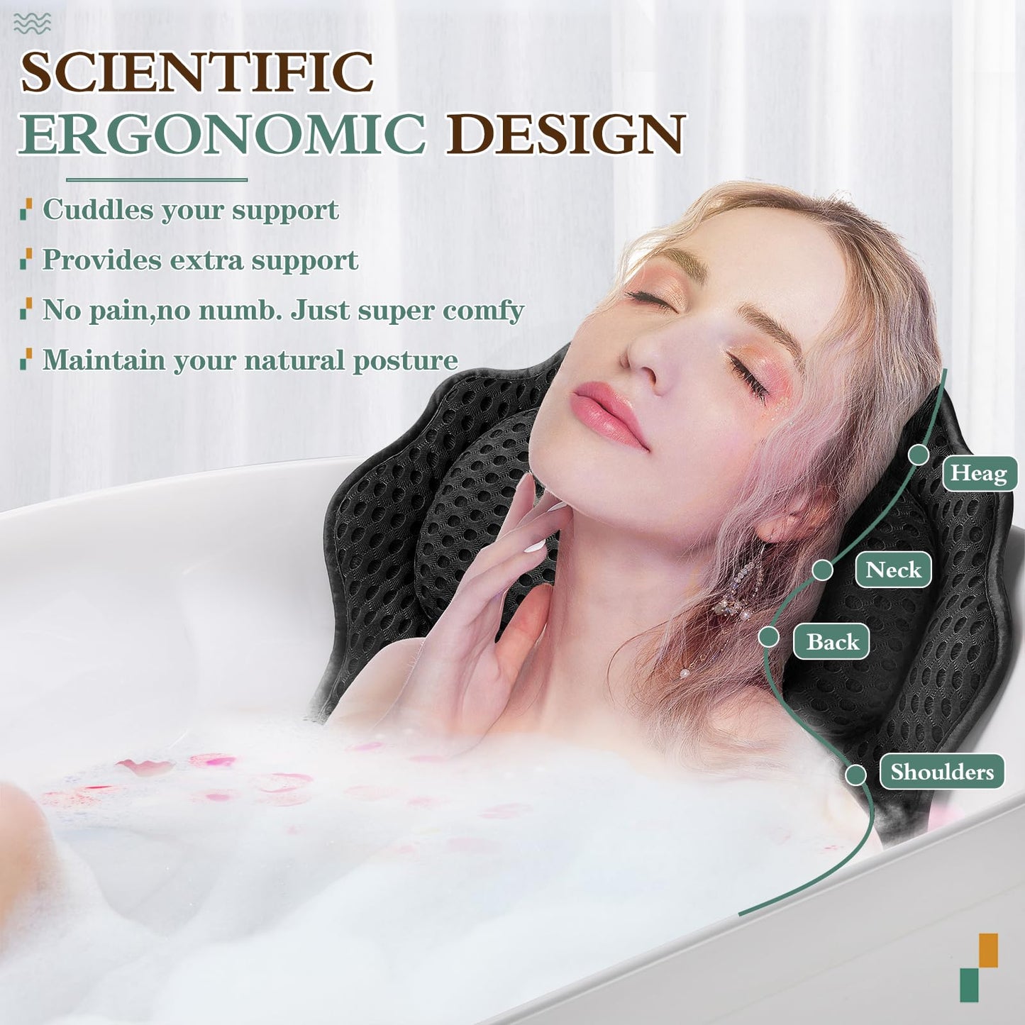 Bath Pillow RUVINCE Ergonomic Luxury Bathtub Pillow with Head,Neck, Shoulder and Back Support, 4D Bath Pillows for tub with 6 Powerful Suction Cups, Fits All Bathtub, Spa Tub, Hot Jacuzzi (Black)
