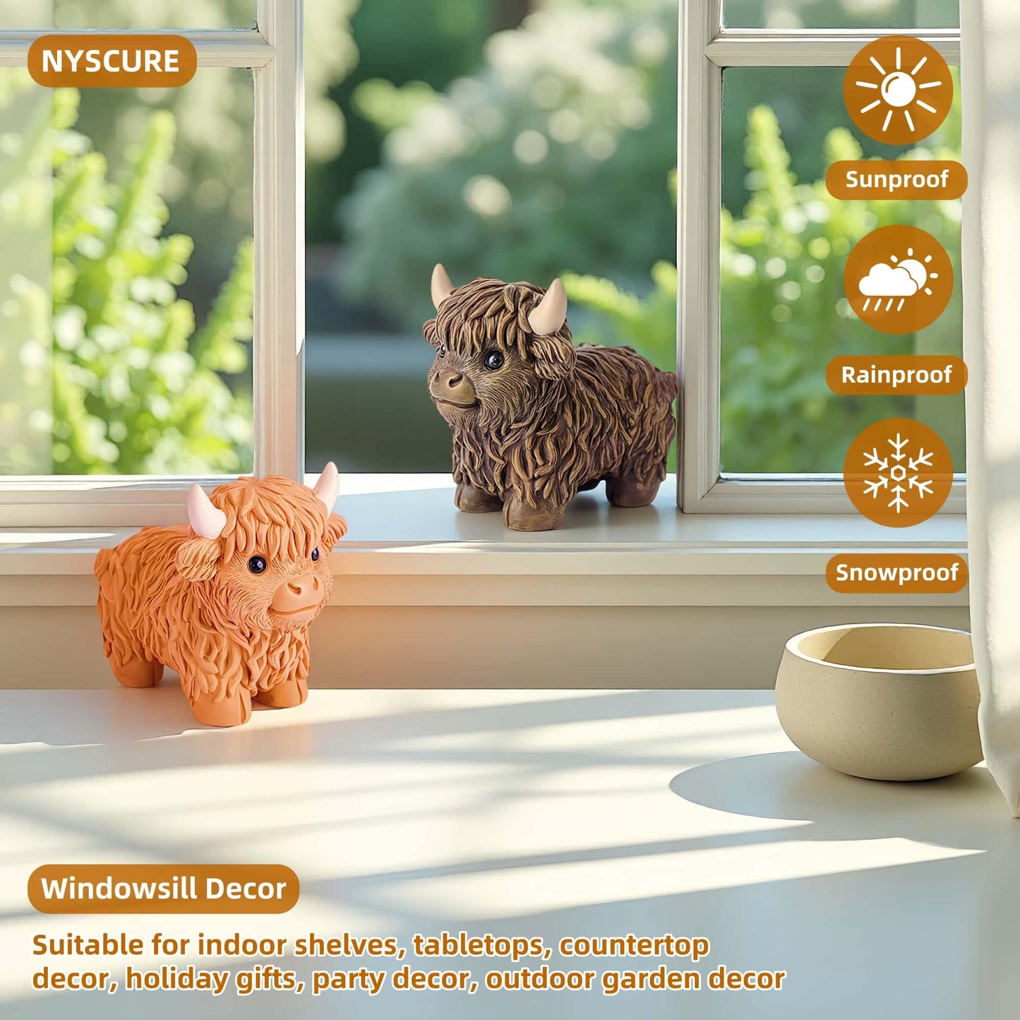 NYSCURE Set of 2 Small Resin Highland Cows Statues Home Decor Scottish Modern Style Figurine Calf Gifts for Lovers, Decorative Ornaments for Livingroom, Bedroom, Bookshelf, Cabinets, Office Desktop