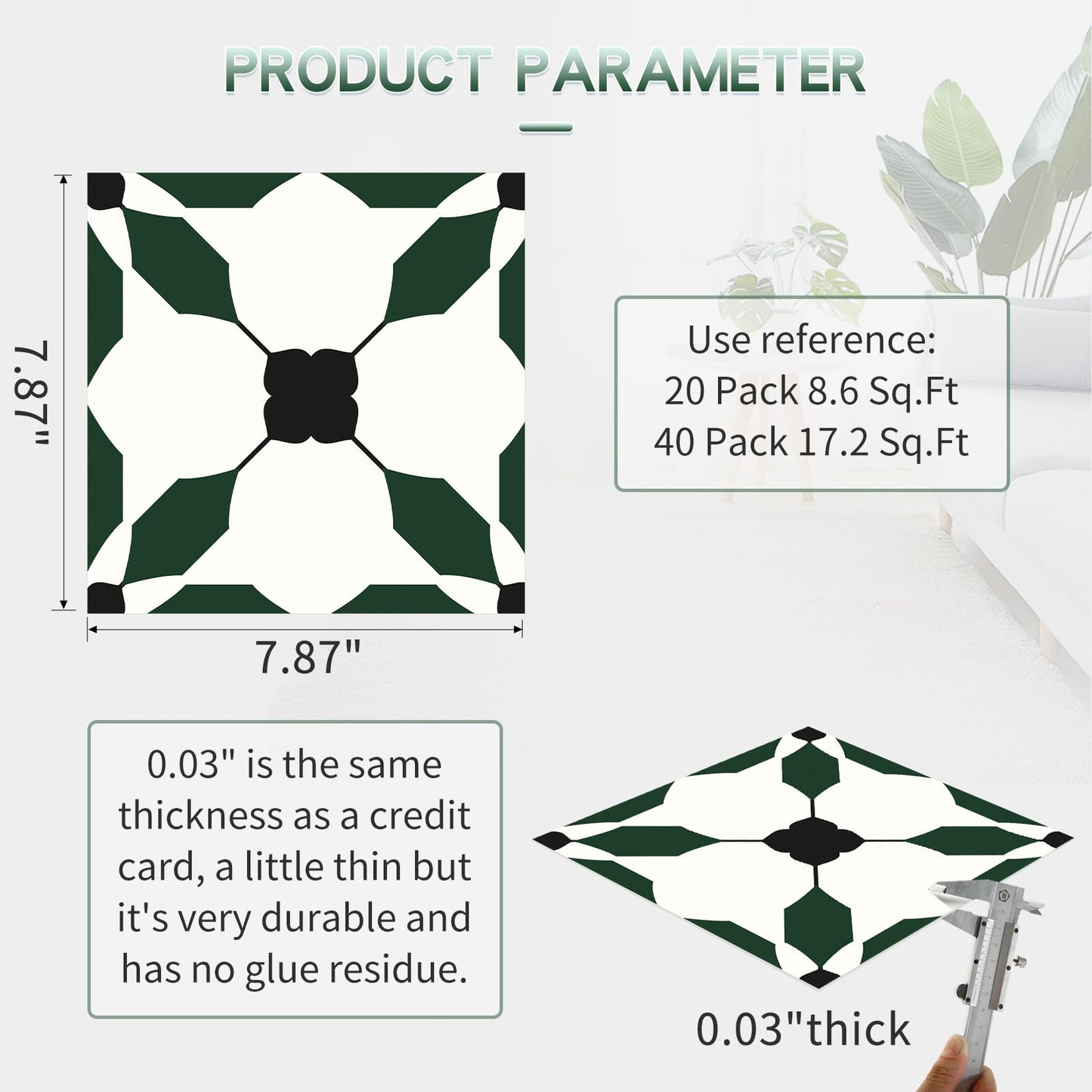 MORCART 7.87" x 7.87" Peel and Stick Floor Tile, 20 PCS Self-Adhesive DIY Vinyl Flooring for Renters, Removable and Waterproof Tile Sticker for Bathroom, Kitchen, Staircase (Black Green)