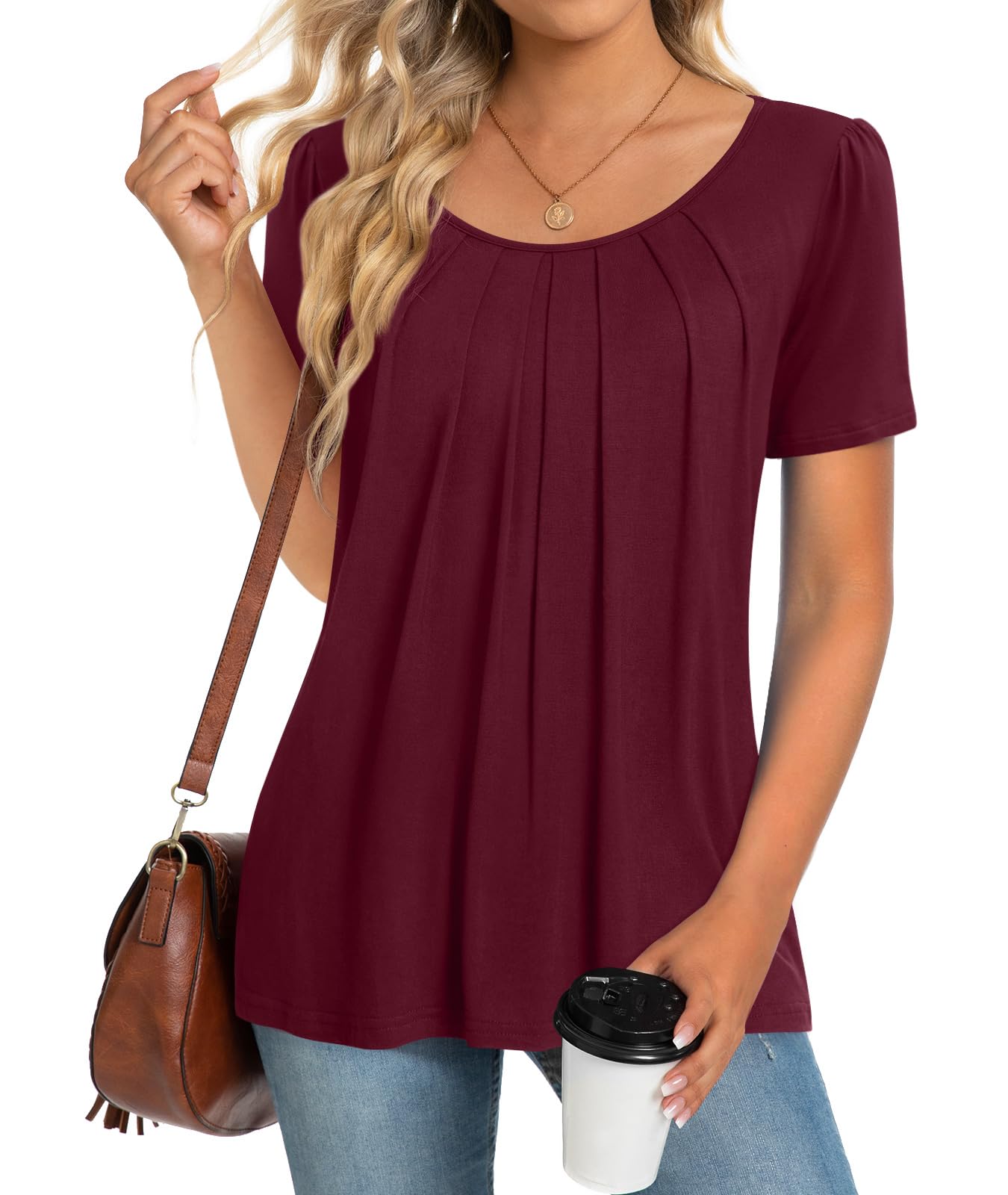 Anymeet Burgundy Shirts for Women Ladies Spring Summer Tunic Casual Short Sleeve Pleated Tee Comfy Blouse Flowy Tops X-Large