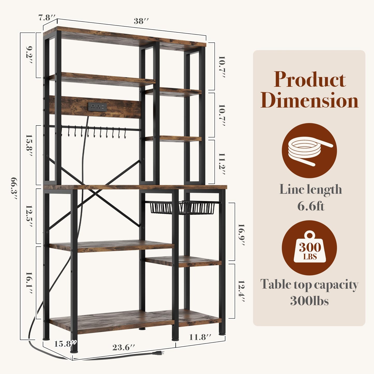 GRUSIGN Kitchen Bakers Rack with Storage, 6-Tier Coffee Bar Station with Power Outlet, Microwave Stand with 12 S-Shaped Hooks, Open Kitchen Storage Shelves for Spices, Pots and Pans, Rustic Brown