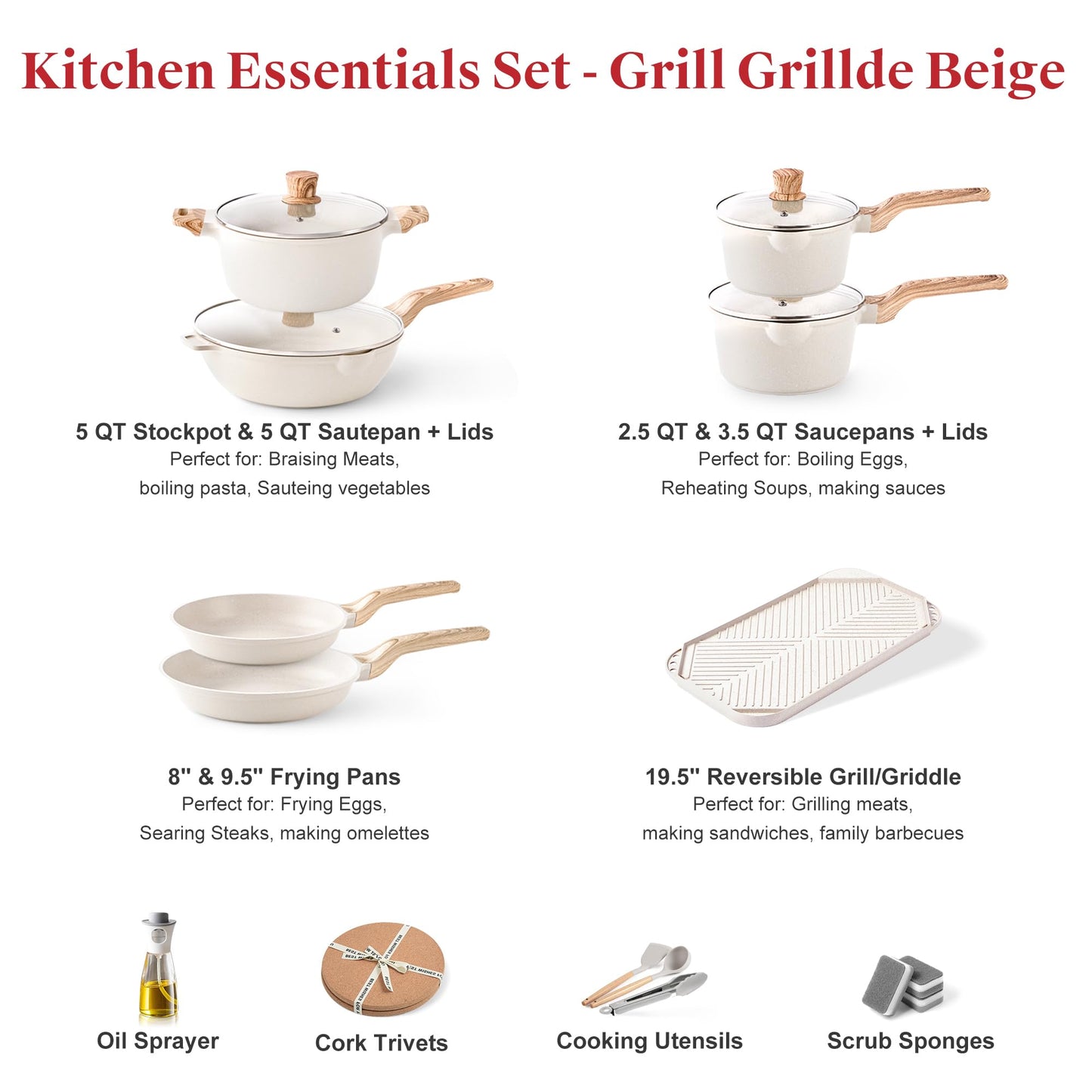 Caannasweis 20Pcs Cookware Sets, Nonstick Pots and Pans Set, Granite Induction Cookware, Non Stick Kitchen Cooking Set, Grayish White Grill Griddle Set, PFOS PFOA Free