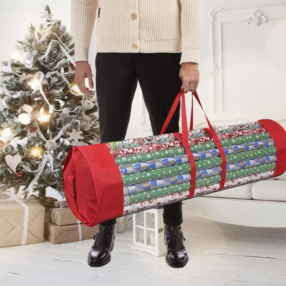 ProPik Gift Wrap Organizer, Wrapping Paper Storage Bag, Fits Holiday Papers 40 Inch Long, Holds Up To 24 Rolls, Heavy Duty Clear PVC Bag with Handles (Red & Clear)