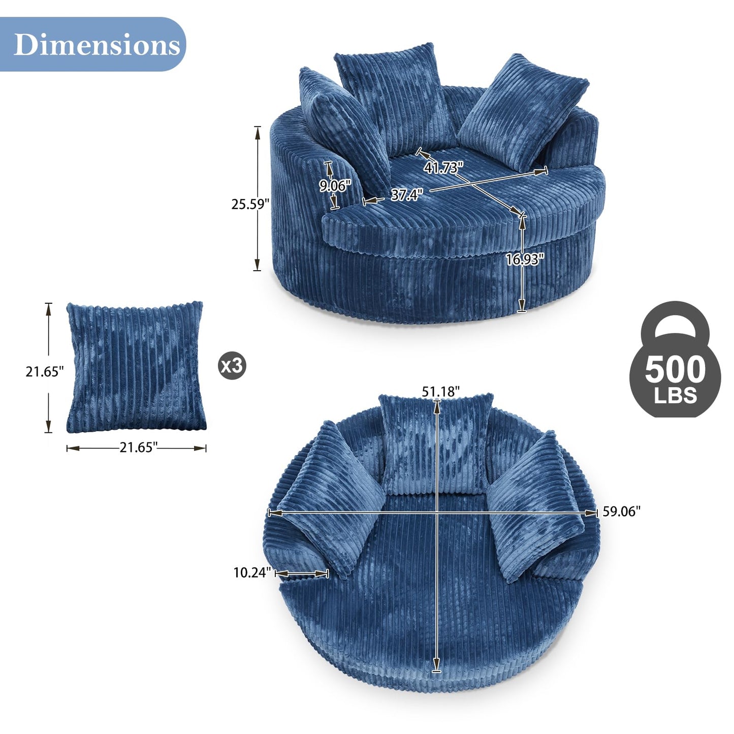 DIFYHOMEY 59 Inch Oversized Chaise Lounge Chair Indoor, Round Corduroy Chaise Lounge Sofa Bed with Throw Pillows and Backrest, Plush Sleeper Chair Bed for Living Room Bedroom,No Assembly Required