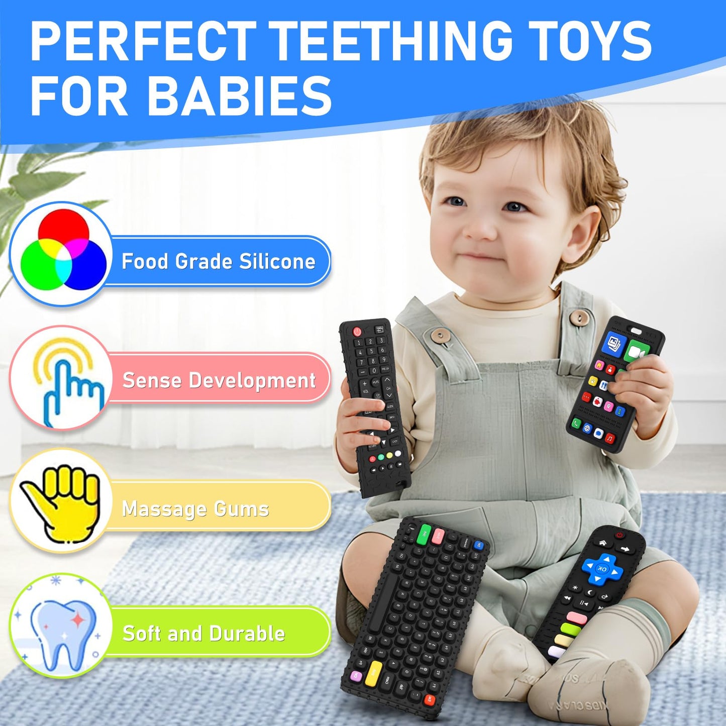 Teething Toys for Baby 3 6 12 18 Months, Realistic Mobile Phone Baby Teether Toys, Baby's Chew Toys, Food Grade Silicone Teething Toys for Infants, BPA Free, for Babies Gum Relief