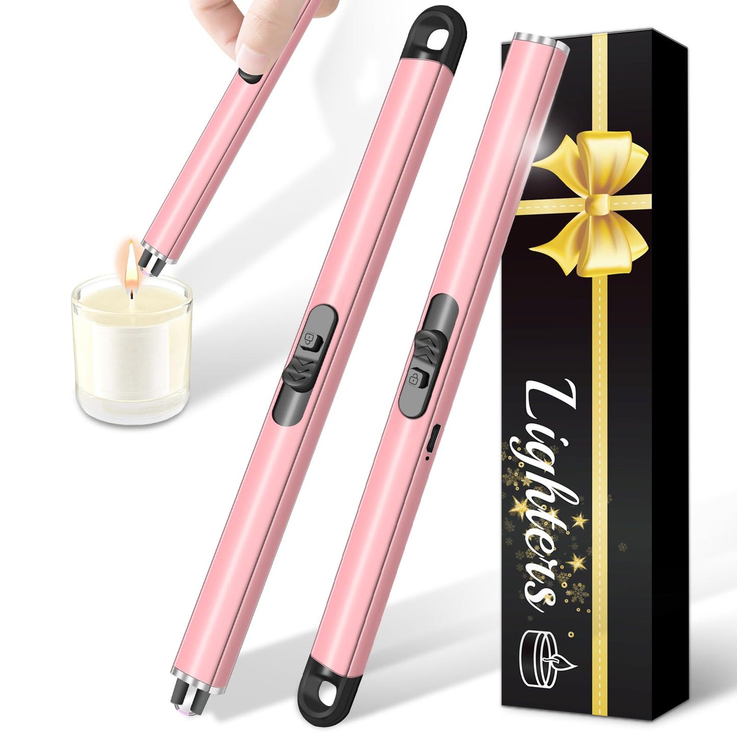 2 Pack Electric Candle Lighters, Windproof Flameless & Double Safety Lock Design, USB Rechargeable Lighter with Extended Handle, Suitable for Candles, BBQ, Camping, Gas Stove, Festivals Gift (Pink)