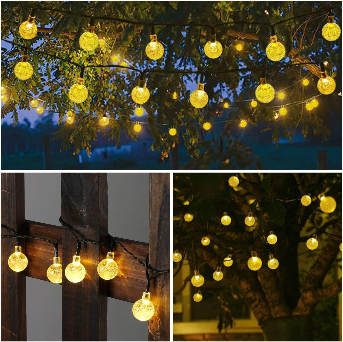 Toodour Solar String Lights Outdoor, 36ft 60 LED Globe String Lights, Waterproof Crystall Ball Lights Solar Patio Lights with 8 Modes for Garden, Lawn, Patio, Gazebo, Yard, Outdoor - Warm White