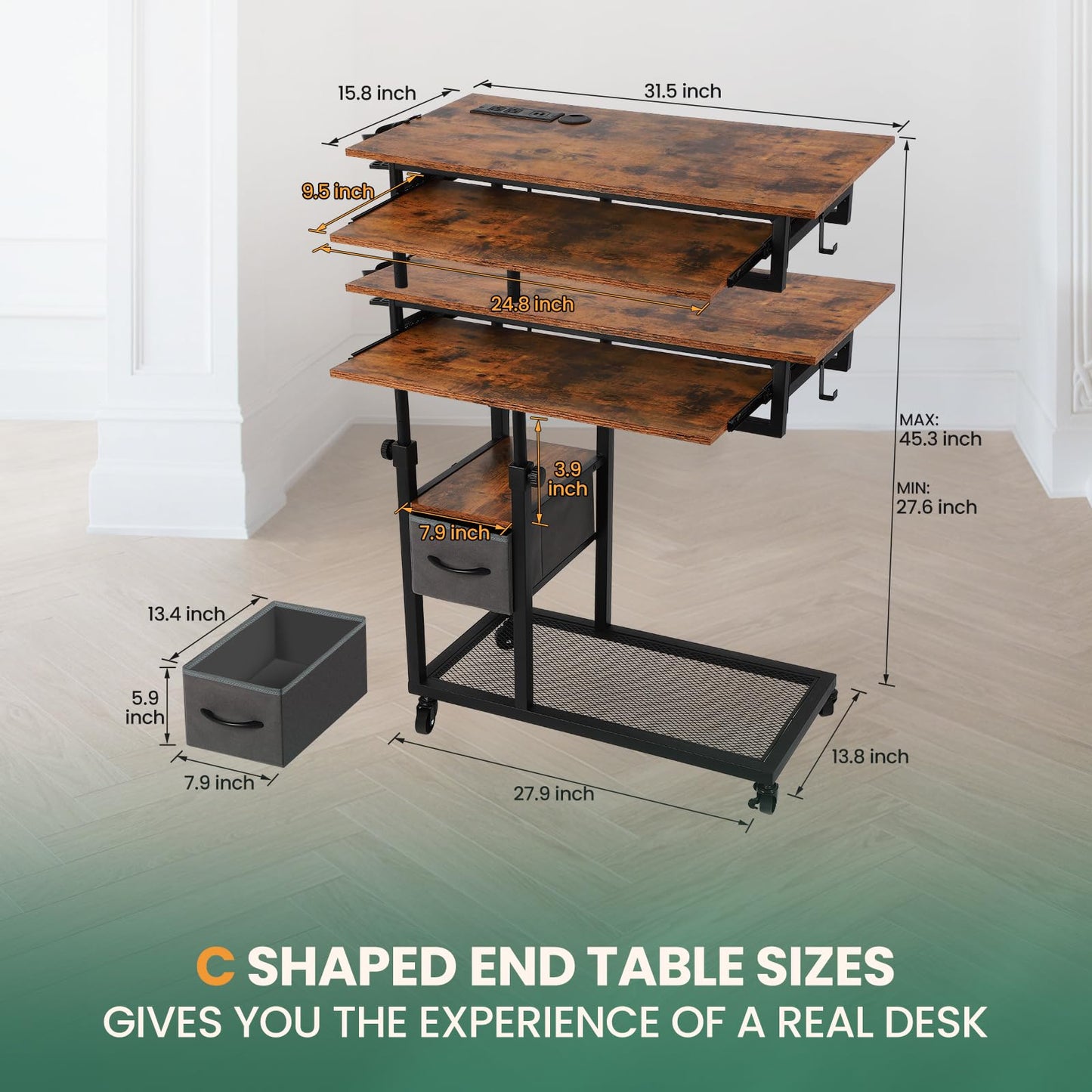 FAHKNS C Desk on Wheels, Height Adjustable Overbed Desk with Charging Station, Couch with Cup Holder, Hook, Drawers, C Shaped End Table for Couch, Over Bed, Living Room