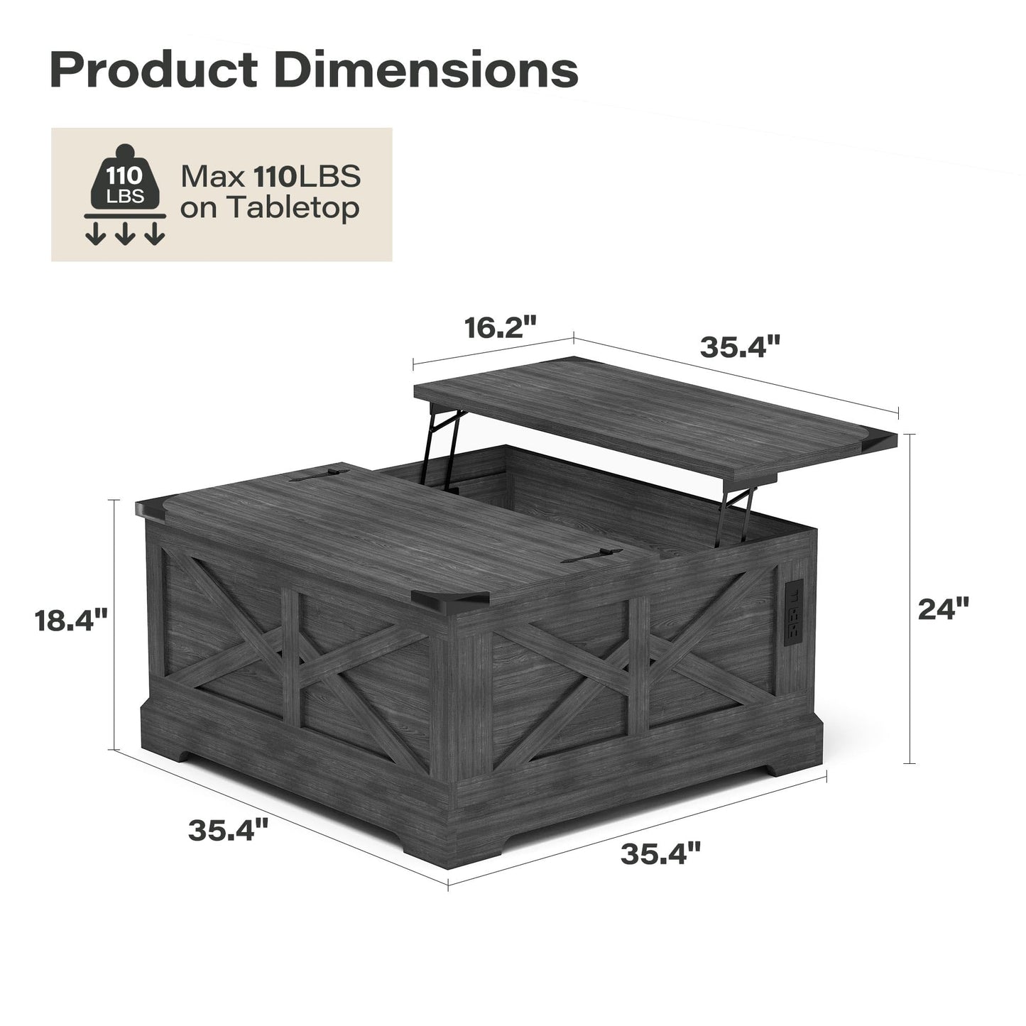 LAUSAINT HOME Farmhouse Lift Top Coffee Table with Large Hidden Storage Compartment, Wood Square Center Table with Lifting Top for Living Room, Home Office,Gray