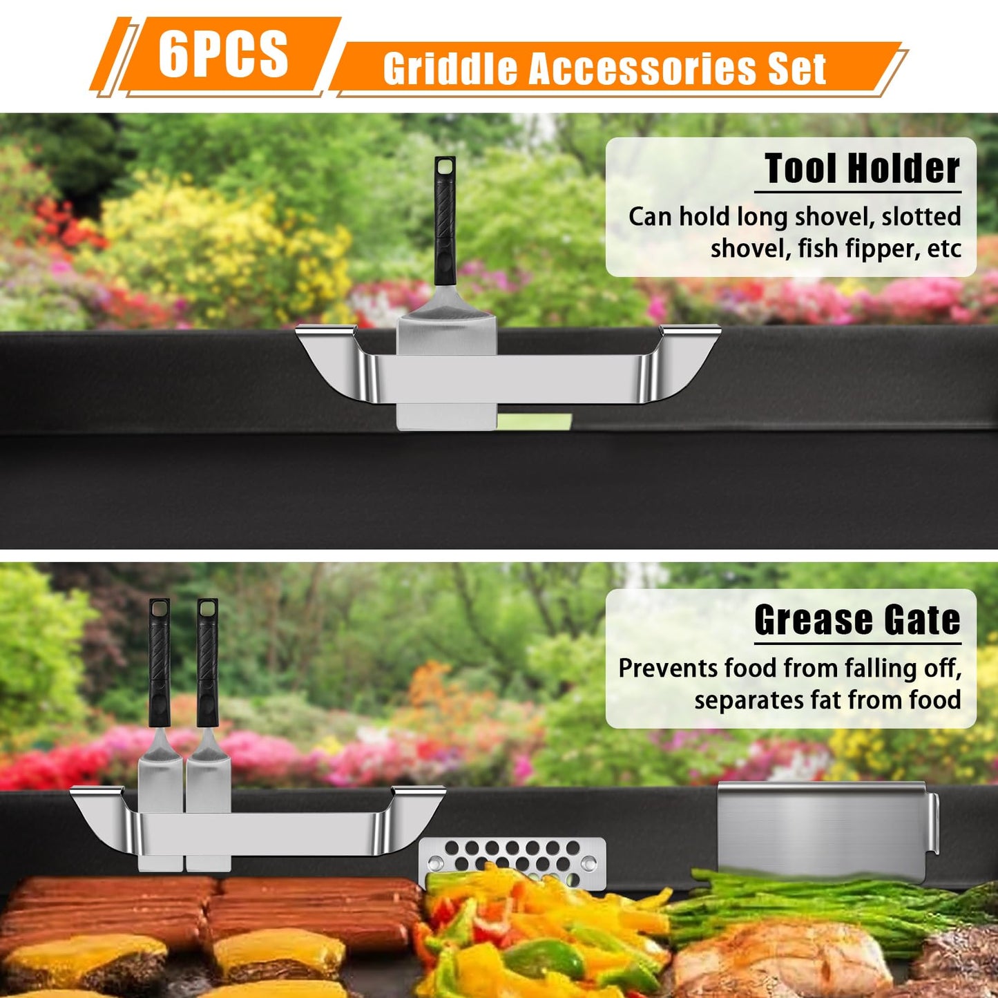 6pcs Magnetic Grease Gate Set, Griddle Spatula Holder and Magnetic Hooks Combo, Stainless Steel Flat Top Griddle Accessories Kit, Grill Tool Holder