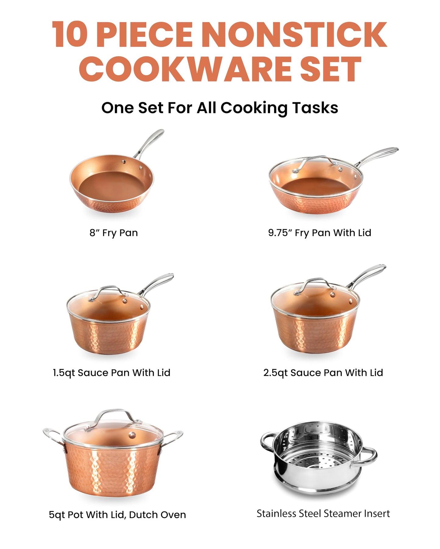 Gotham Steel Hammered Copper 10 Pc Pots and Pans Set Non Stick Cookware Set, Non Toxic Ceramic Cookware Set, Kitchen Cookware Sets with Induction Cookware, Pot and Pan Set, Oven/Dishwasher Safe