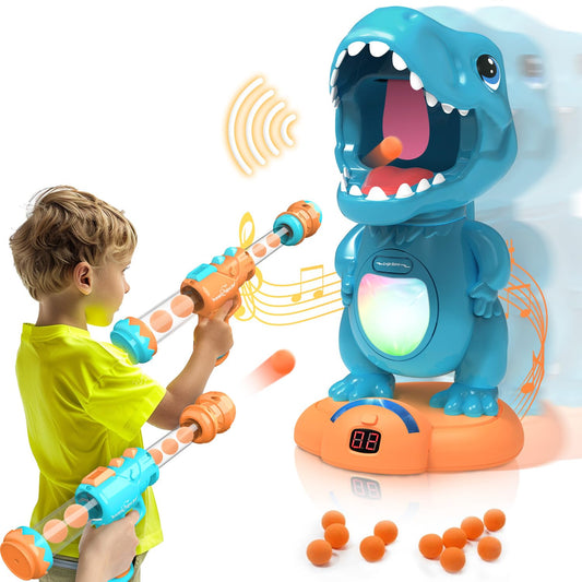 Movable Dinosaur Shooting Toys for Kids Games with 2 Air Pump Gun, Party Toys with Score Record, LED & Sound, 48 Foam Balls Electronic Target Practice Gift for Boys and Girls