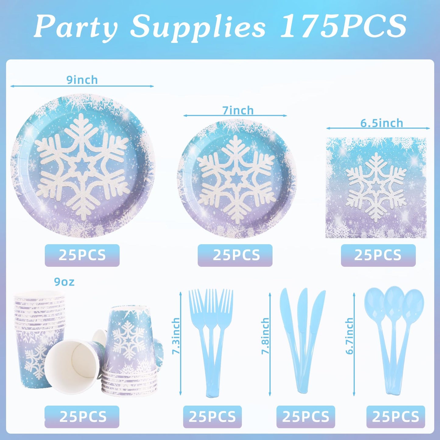 175PCS Snowflake Frozen Birthday Party Supplies, Winter Frozen Plates and Napkins Sets, Disposable Frozen Paper Plates for Birthday Holiday Princess Theme Party Decorations, Serves 25