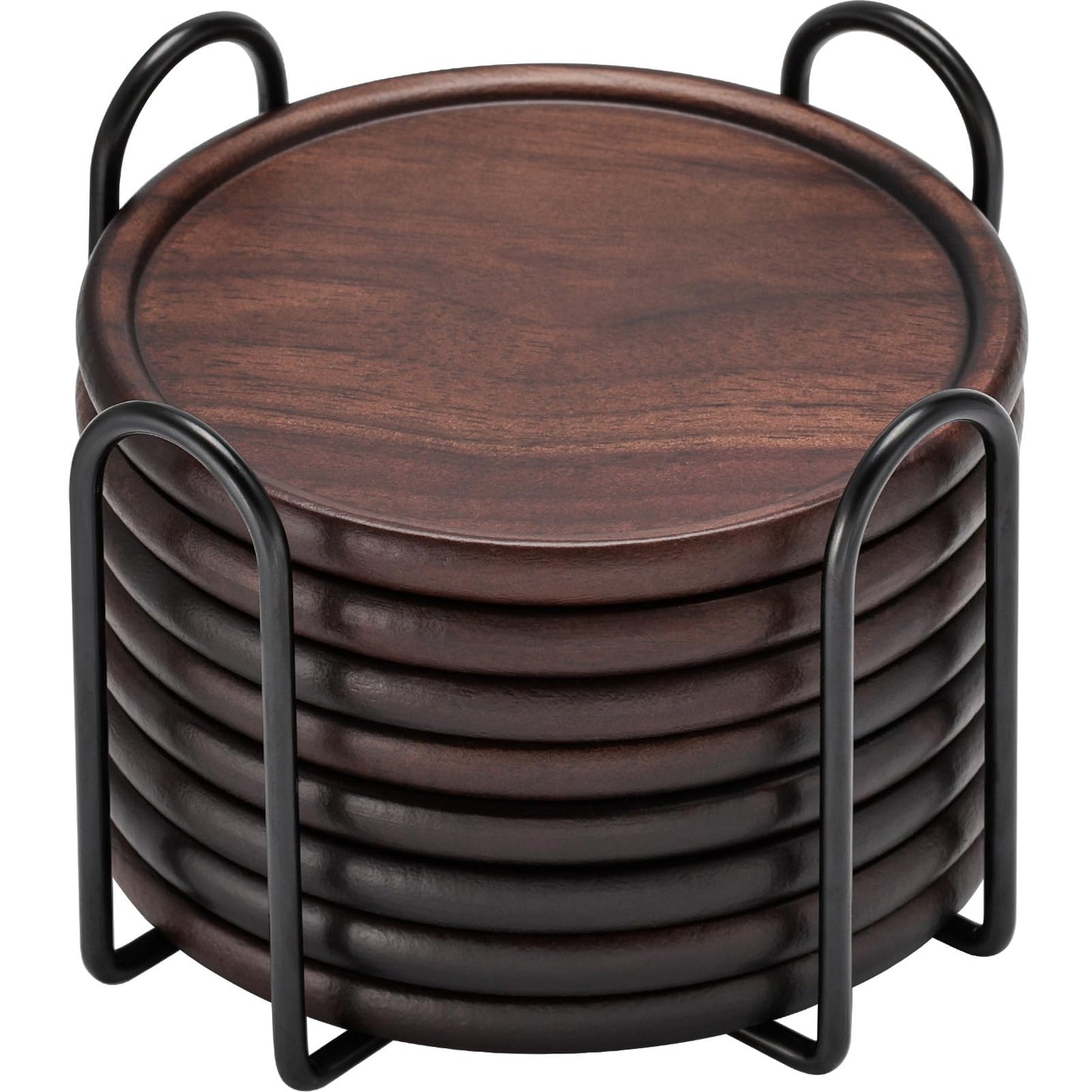 Wood Coasters with Metal Holder, GOH DODD Set of 8 Walnut Wooden Coaster Tabletop Protection for Drinks Coffee Table Home Kitchen Office Bar Living Room Decor Housewarming Gifts Wedding Party, 4 Inch