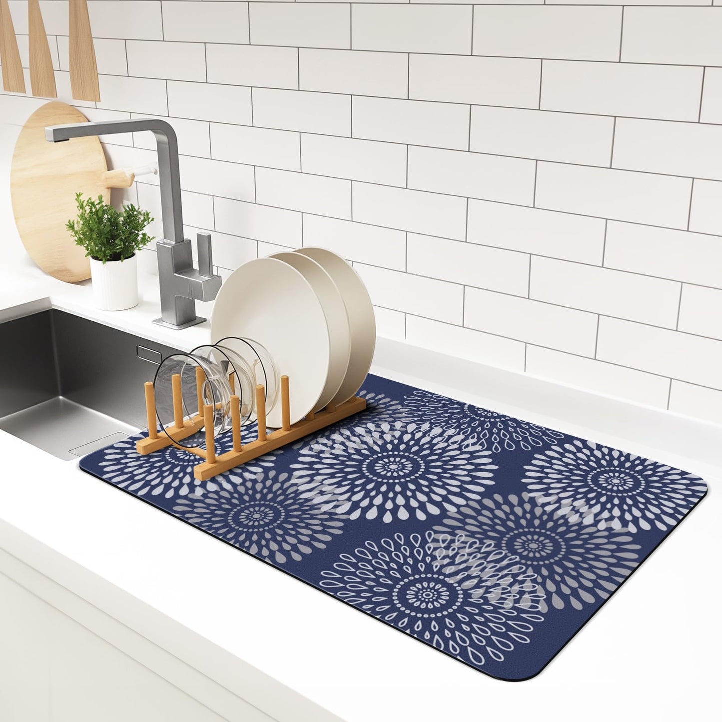 LuxStep Dish Drying Mat Super Absorbent Kitchen Counter Mat Rubber Backing Draining Mat Easy to Clean Kitchen Accessories Dish Rack Pad for Dishes, Utensils, Countertops, Sinks 16" x 24" Blue