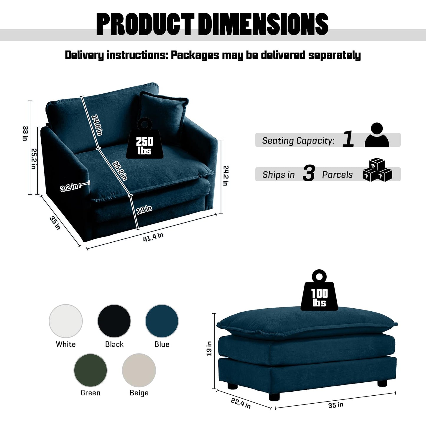 Oversized Chaise Lounge Chair Indoor, Chenille Upholstery Cloud Sectional Sofa, Minimalist Modular Sleeper Couch Bed Including Single Club Armchair & Ottoman for Liviing Room Apartment Office