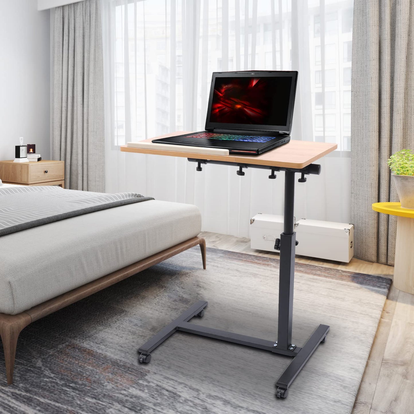 LIWBYYG Adjustable Overbed Bedside Table, Mobile Laptop Computer Standing Desk, Hospital Bed Table with Wheels, Rolling Desk, Mobile Desks, Computer Cart Bedside Rolling Overbed Table