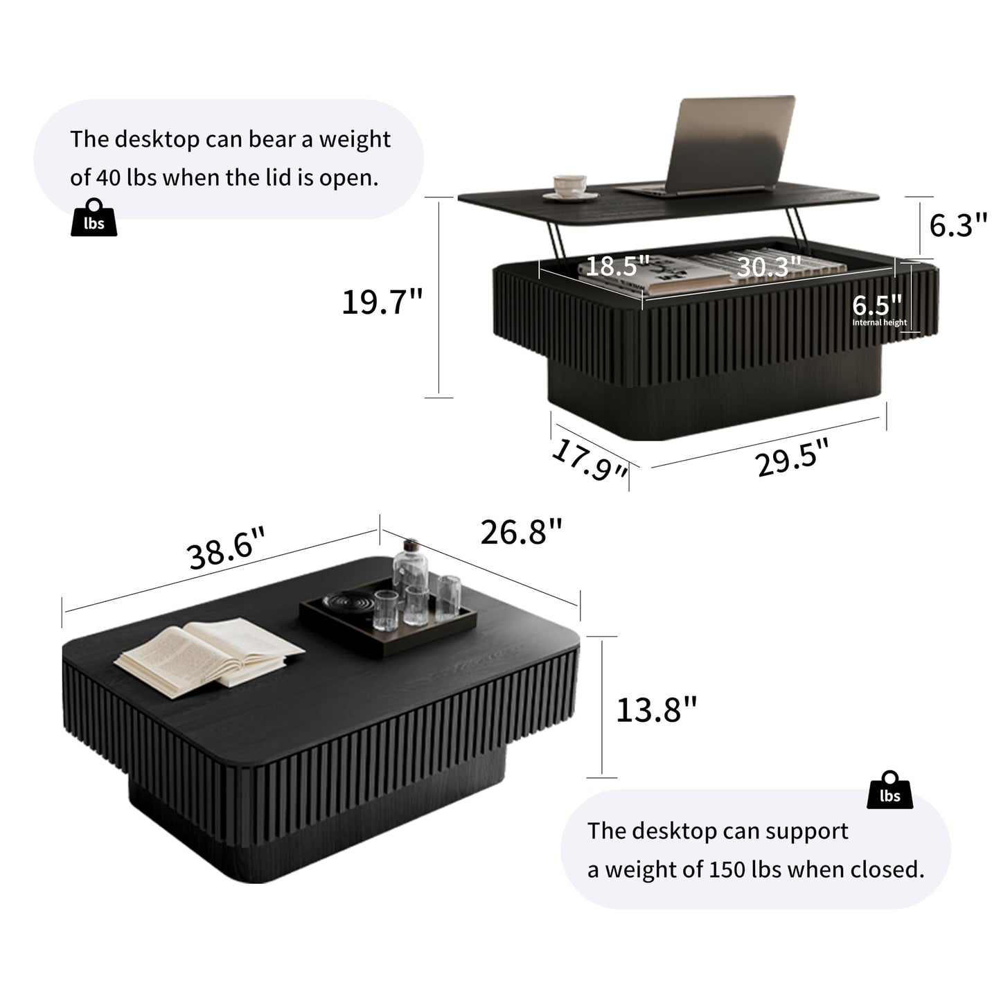 Black Coffee Table with Lifting Top Storage for Living Room,Fluted Lift Up Coffee Tables with Storage Solid Wood Center Table 38.6'' Modern Smart Rectangular Lift Up Tabletop for Apartment Office