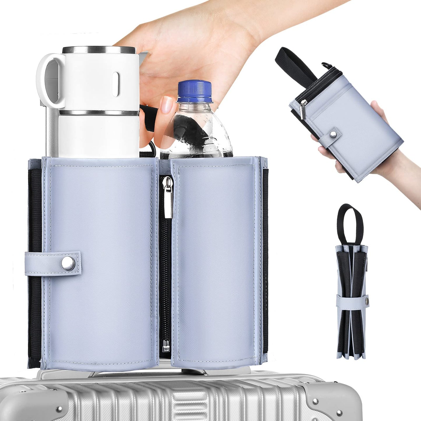 Luggage Cup Holder Travel Drink Bag for Suitcase Portable Foldable Luggage Drink Caddy With Handle, Fits Roll on Suitcase Handle, Gifts for Flight Attendants Creative Travel Accessories (Gray)