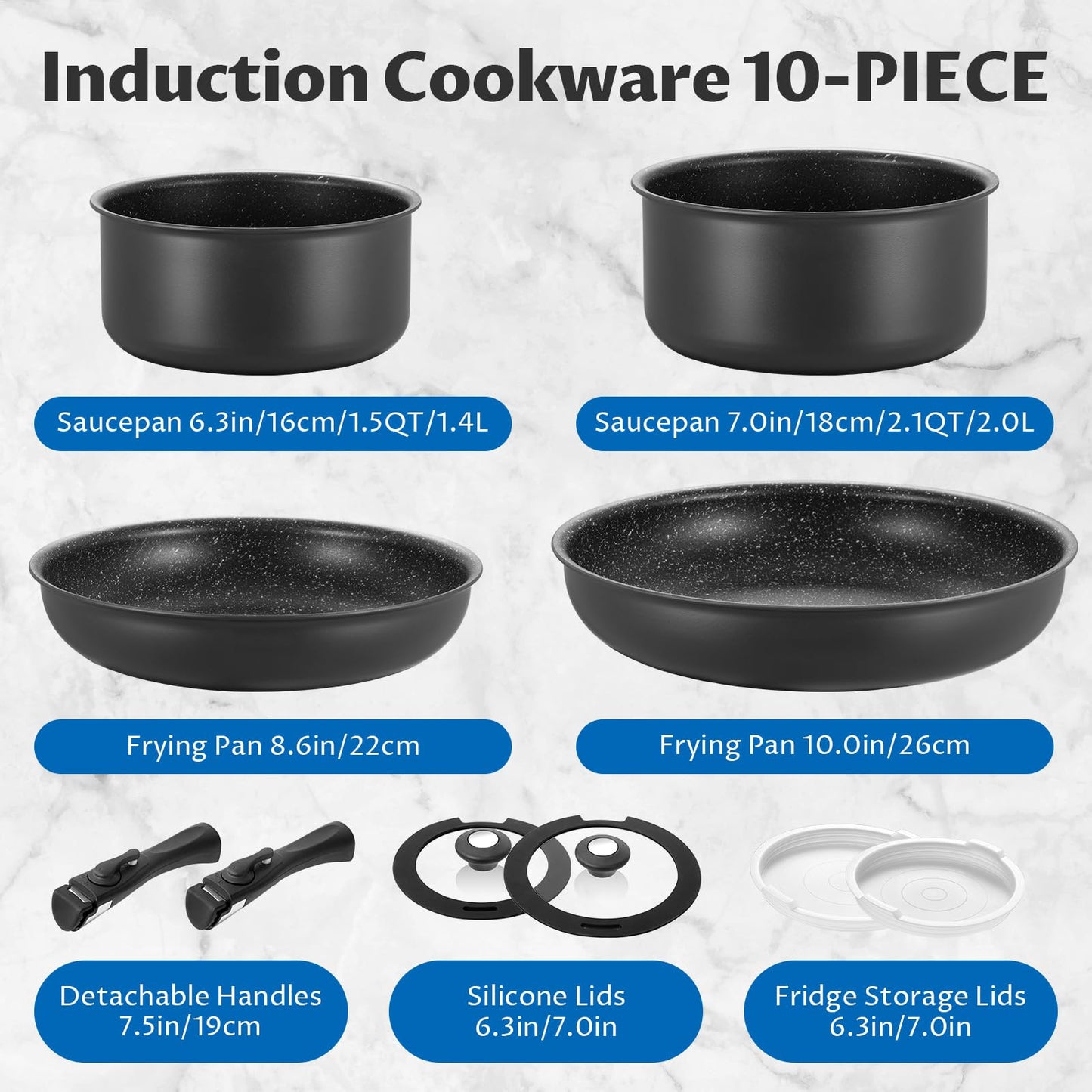 BEZIA Induction Cookware Set 10 Pieces, Nonstick Pots and Pans Set with Removable Handles, for All Hobs, Stackable Design, Dishwasher/Oven Safe, PFAS Free