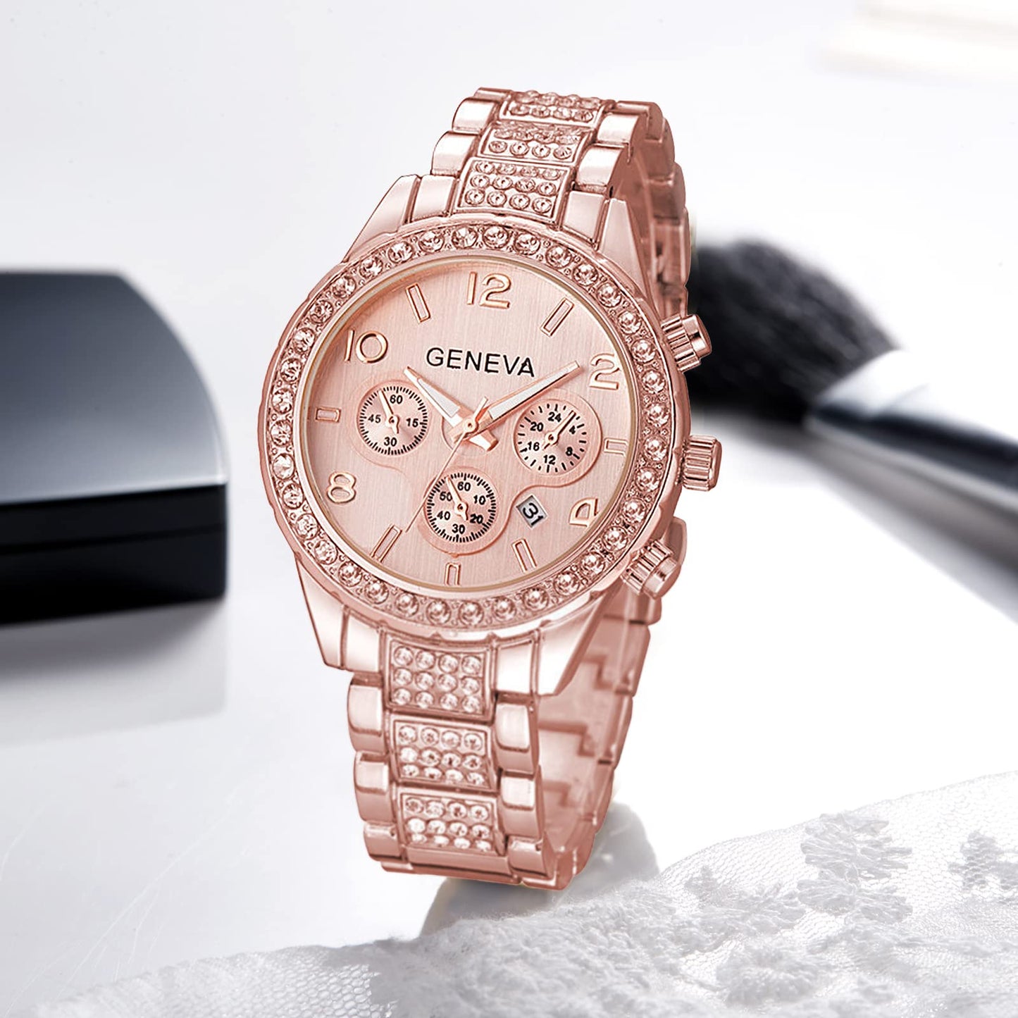 Luxury Unisex Crystal Diamond Watches Quartz Digital Calendar Rose Gold Silver Stainless Steel Watch (Rose Gold)