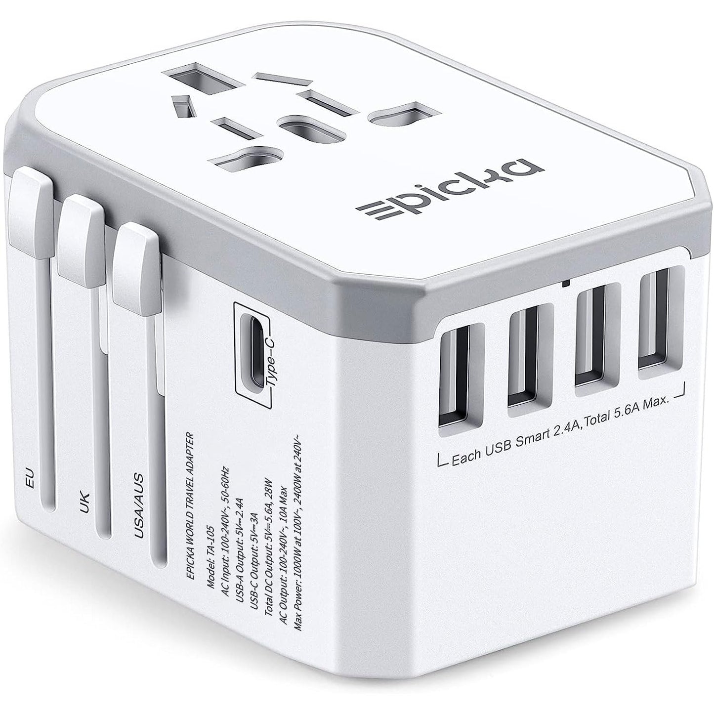 EPICKA Universal Travel Adapter, European Travel Plug Adapter - International Power Adapter Worldwide Charger with USB-C & 4 USB-A Ports, Travel Essentials for Italy, Japan, Europe, UK (TA-105, Grey)
