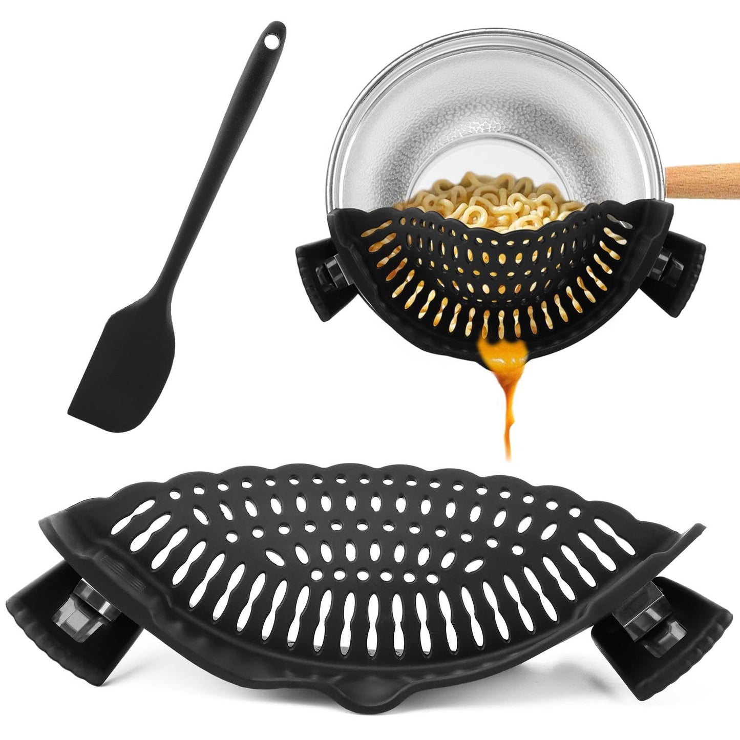 Silicone Clip-on Pasta Strainer with Scraper for Pots, Heat Resistant, Space-Saving Colander, Dishwasher Safe Pot Strainer, Essential Kitchen Tool