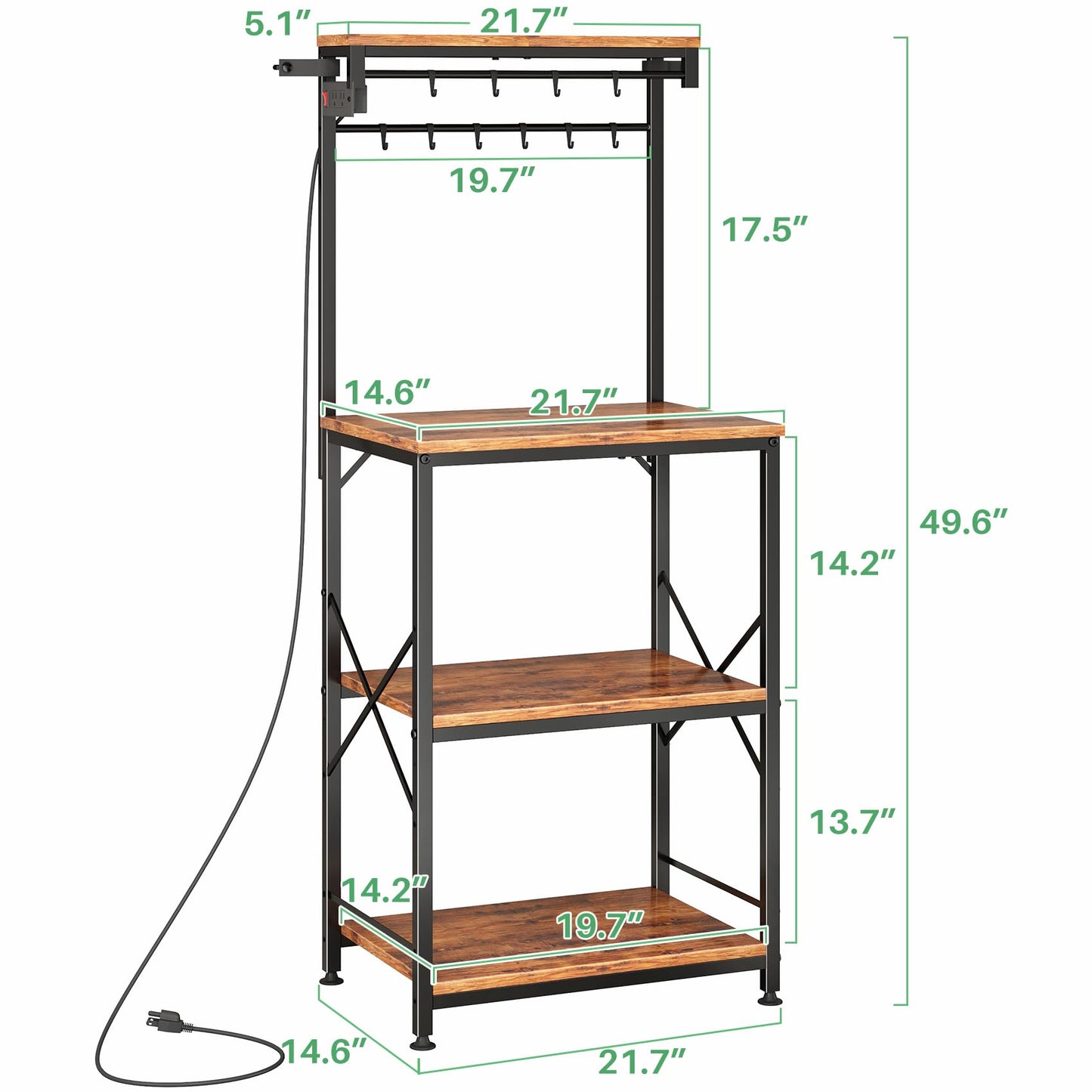Kitchen Bakers Rack with Power Outlet 10 Hooks, 4 Tiers Coffee Bar Station Cabinet, Microwave Stand with Storage (Rustic Brown, 21.7 x 14.2 x 49.6 Inch)