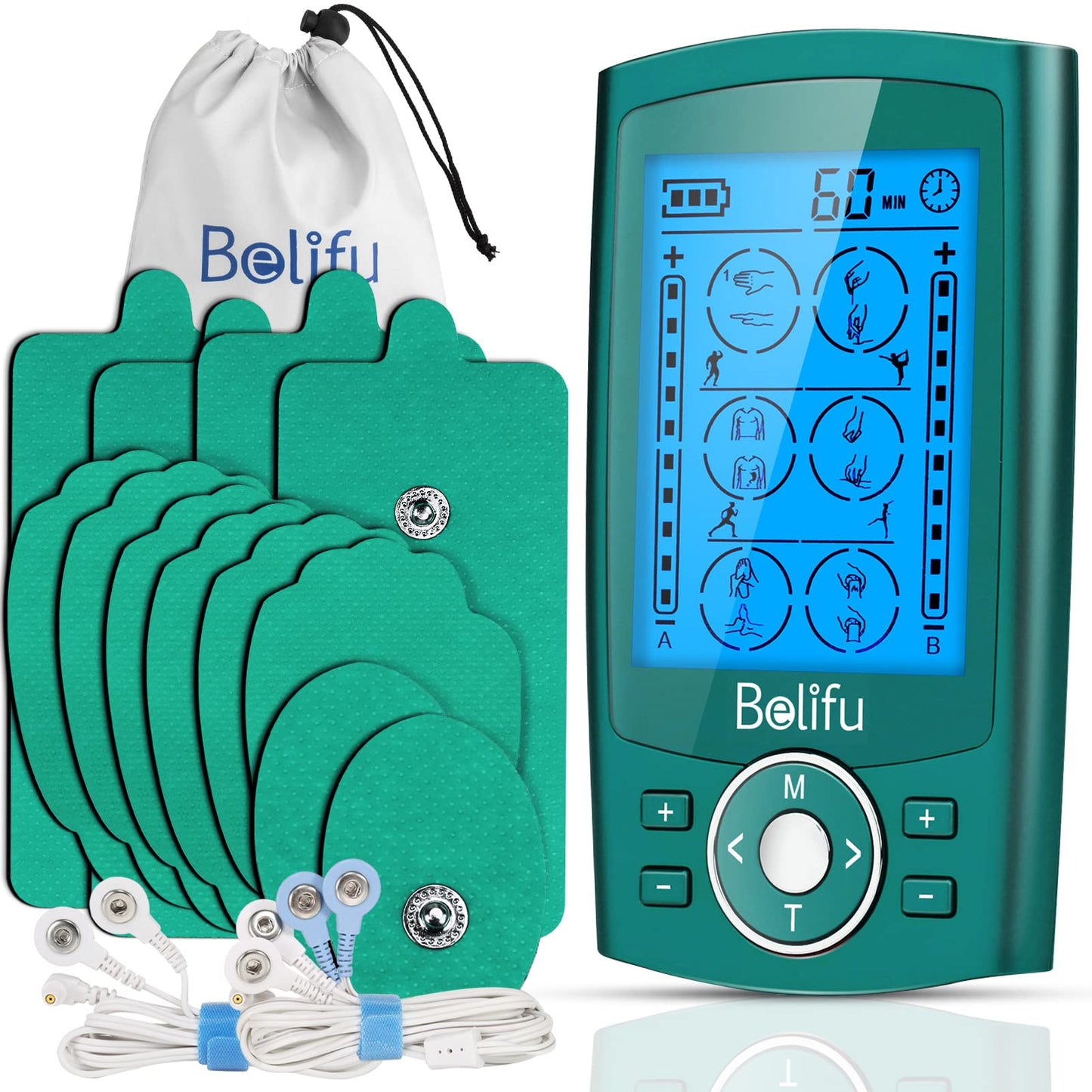 Belifu Dual Channel TENS EMS Unit with 12 Pads, 24 Modes Muscle Stimulator, Electronic Pulse Massager Muscle Massager for Pain Relief Therapy, Fastening Cable Ties, Dust-Proof Drawstring Storage Bag