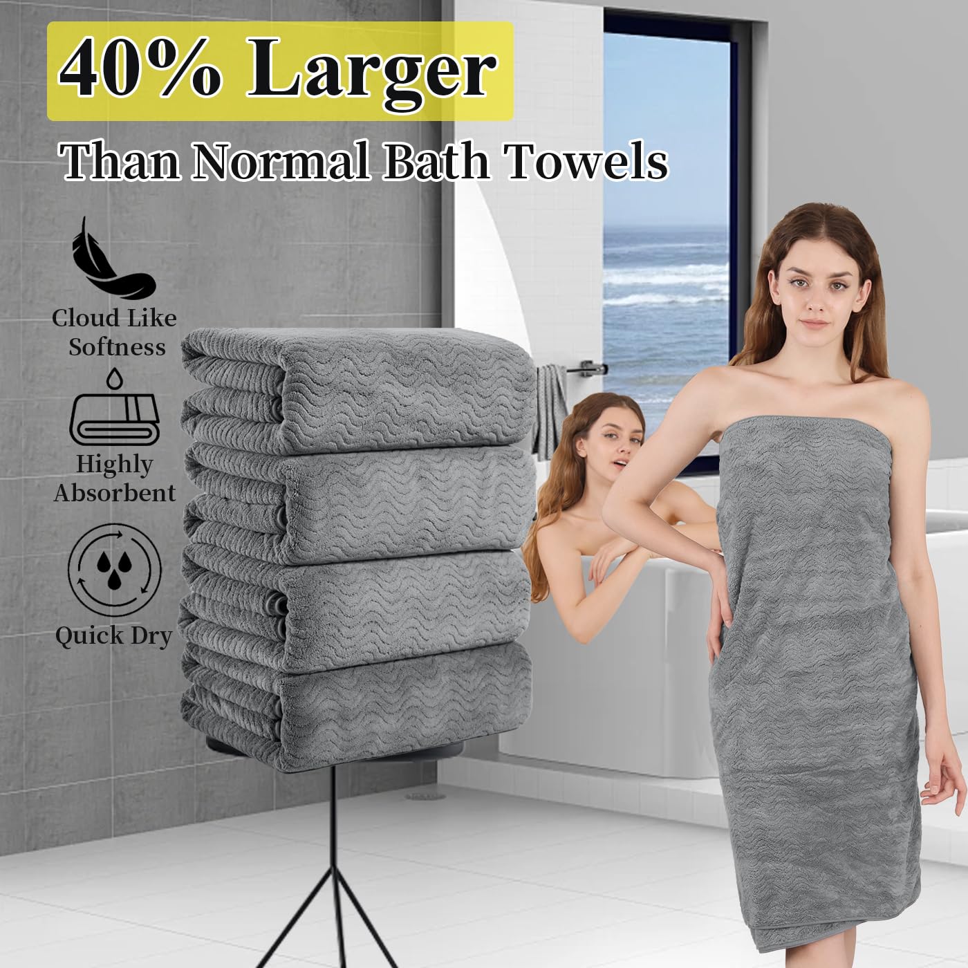 4 Piece Oversized Bath Sheet Set 35"x70" Grey - Extra Large Highly Absorbent Quick Dry Premium Towels for Bathroom, Spa, Gym, Hotel - 600GSM Shower Towel for Daily Use