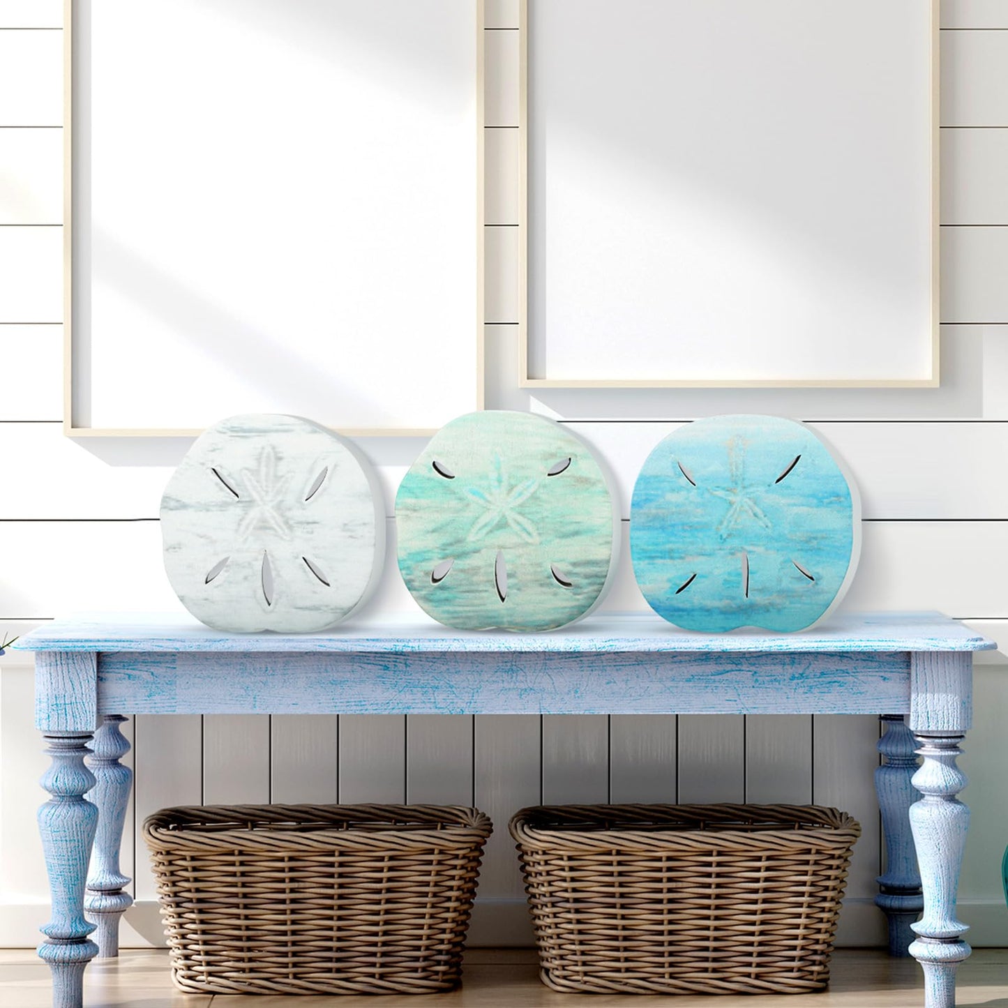 Qunclay 3 Pcs Wooden Sand Dollars Table Decor Sand Dollar Beach Room Decor Coastal Wall Centerpieces Farmhouse Decoration for Home Office Bedroom Table Shelf Desk